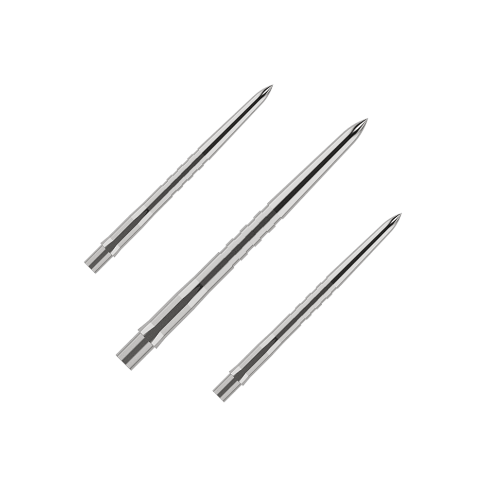 Embouts de fléchettes Mission Caliburn EVO - Rainurés - Argent Das Bild zeigt drei silberne, gerillte Spitzen für Steeldarts. Sie sind schlank und spitz zulaufend, nebeneinander angeordnet.