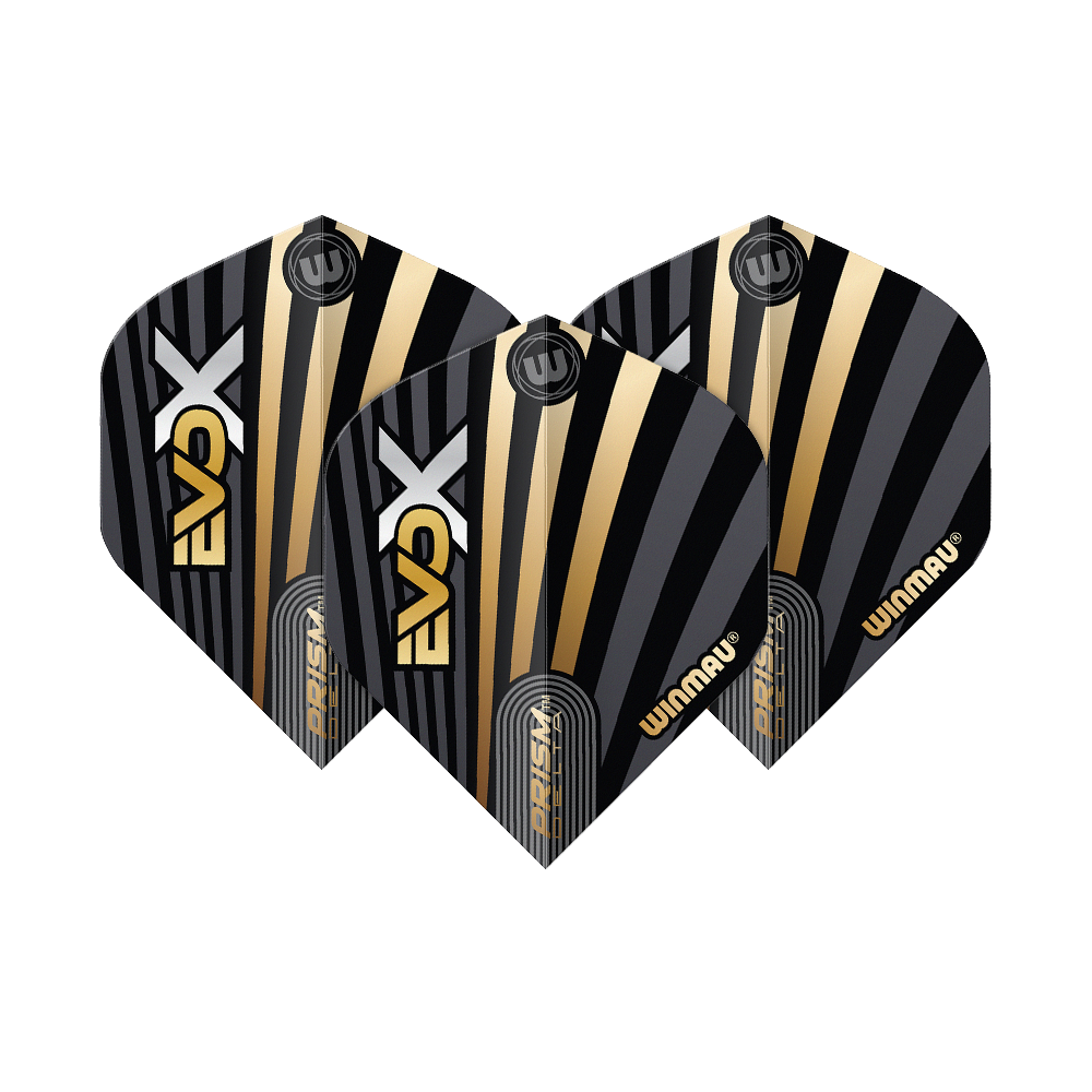 Vols standard Winmau Prism Delta MvG Evo-X n° 2 Das Bild zeigt drei Winmau Prism Delta MvG Evo-X No2 Standard Flights. Sie haben ein schwarzes Design mit goldenen und silbernen Streifen sowie dem Winmau-Logo.