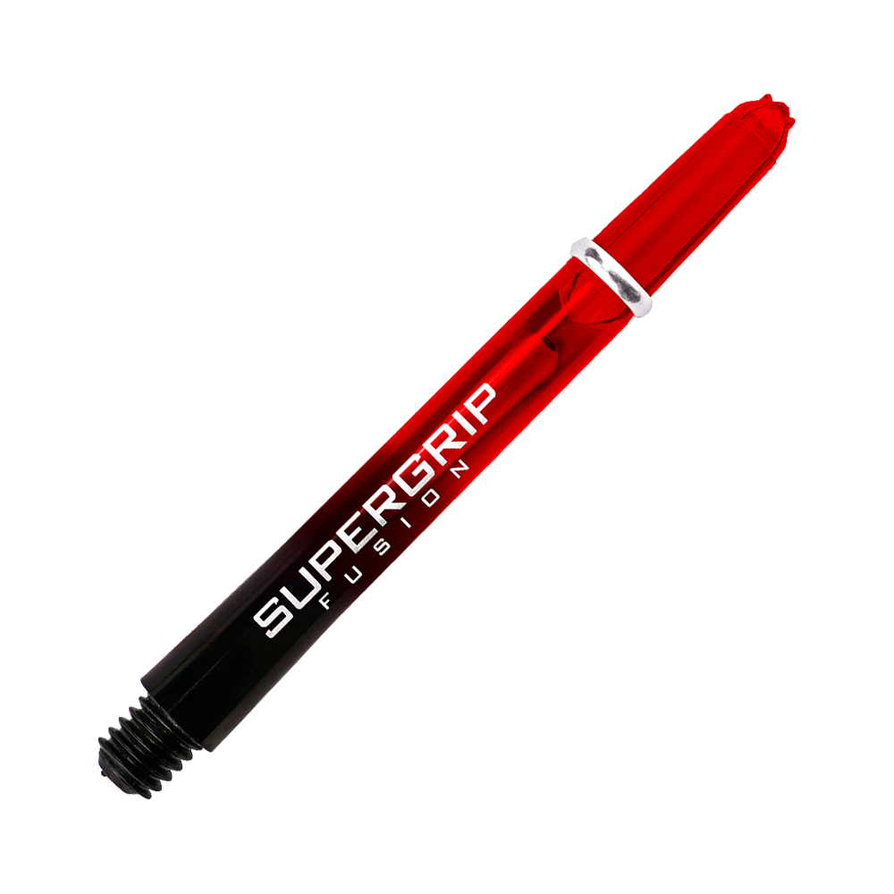 HR344_Harrows_Supergrip_Fusion_Shafts_Rot_47mm_2N33wGz97MCvTz Das Bild zeigt einen Harrows Supergrip Fusion Shaft in Rot. Der Schaft hat ein modernes Design mit einer roten und schwarzen Farbverlaufoptik und weißer Aufschrift.