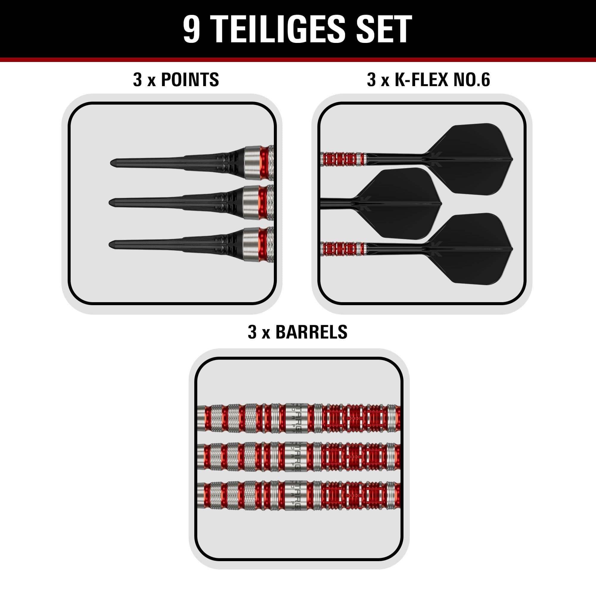 Fléchettes souples Target Black Marque Spinel - 21,5 g Abgebildet sind Target Black Marque Spinel Softdarts mit einem Gewicht von 21,5g. Sie zeichnen sich durch eine edle Optik und hohe Qualität aus.