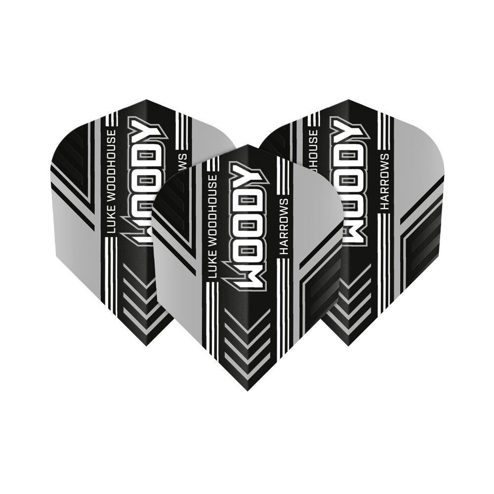 Harrows Prime Luke Woodhouse Woody No6 Vols Das Bild zeigt drei Dart-Flights mit dem Aufdruck "WOODY", "LUKE WOODHOUSE" und "HARROWS". Die Flights sind in Schwarz, Weiß und Grau gestaltet und haben ein modernes Streifendesign.