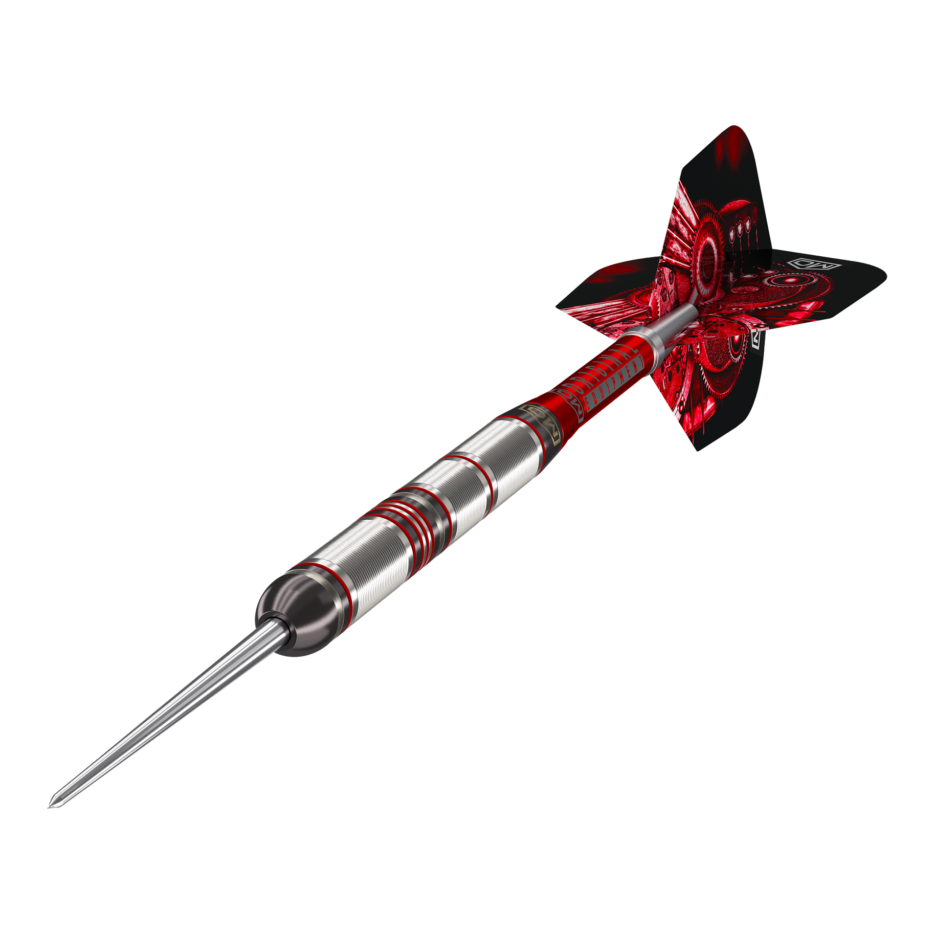 Fléchettes en acier DW Piranha Razor 01 Das Bild zeigt einen DW Piranha Razor 01 Steeldart. Der Dartpfeil hat ein silbernes Barrel mit roten Akzenten und rote Flights.