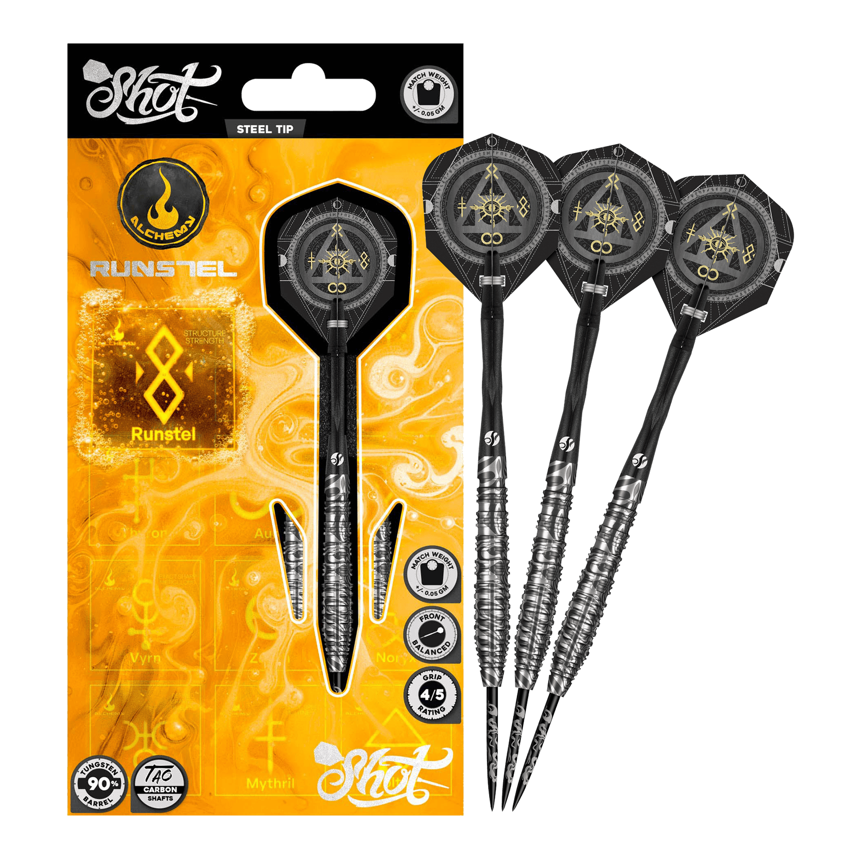 Fléchettes en acier Shot Alchemy Runstel Hier wird das Modell Shot Alchemy Runstel Steeldarts dargestellt. Die Steeldarts sind komplett und aus der Nähe abgebildet.