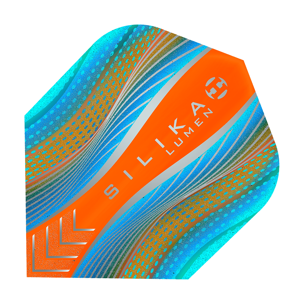 HF5126_Harrows_Silikia_Lumen_Cyan_Orange_No6_Flights_1 Das Bild zeigt ein Dartflight mit dem Namen "Harrows Silika Lumen Cyan Orange No6". Das Flight ist in auffälligen Farben gestaltet, hauptsächlich in Orange, Cyan und Blau mit modernen Mustern.