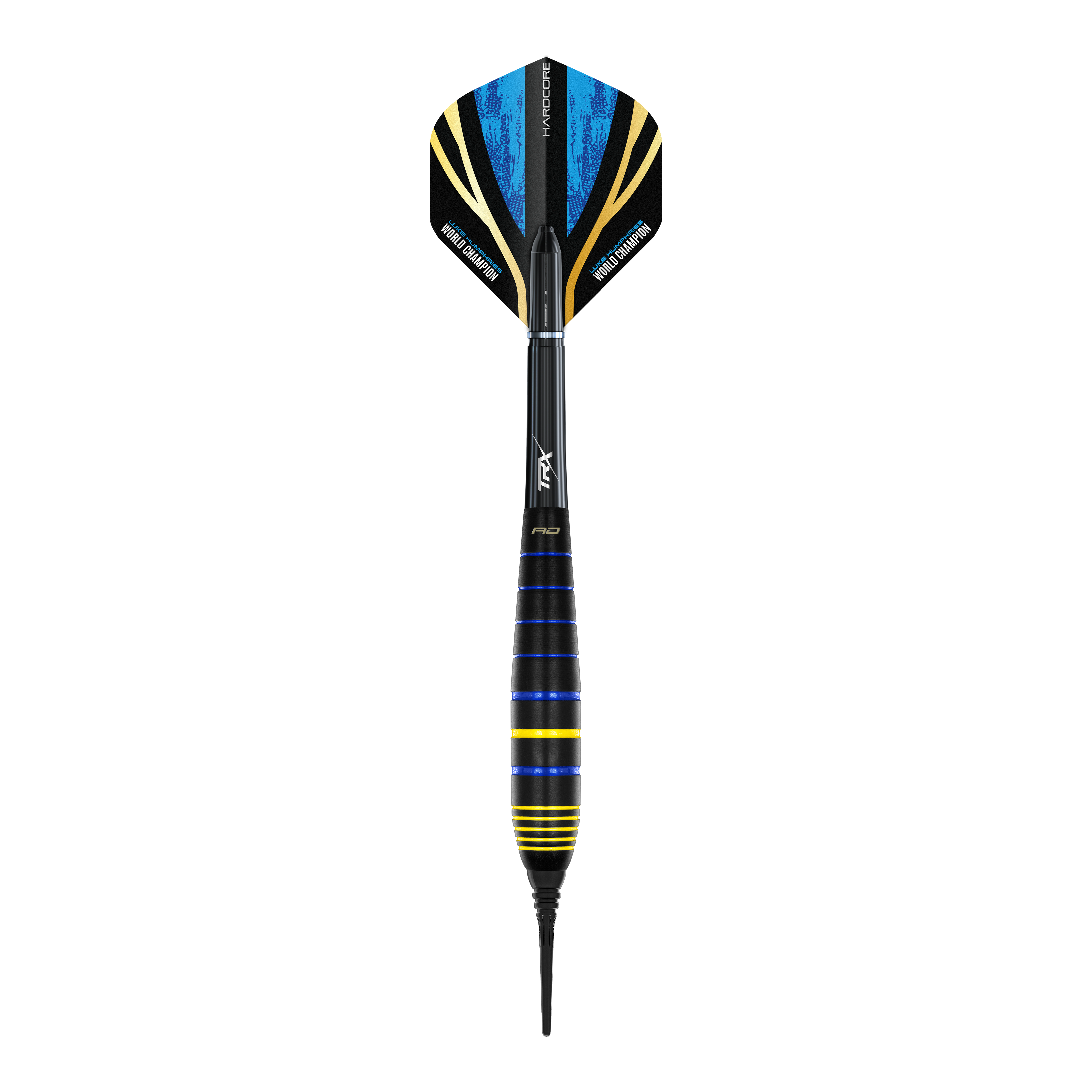 Fléchettes souples Red Dragon Luke Humphries, champion du monde, en laiton - 20 g Das Bild zeigt einen Red Dragon Luke Humphries World Champion Brass Softdart mit 20g Gewicht. Der Dart ist schwarz mit blauen und gelben Akzenten gestaltet.