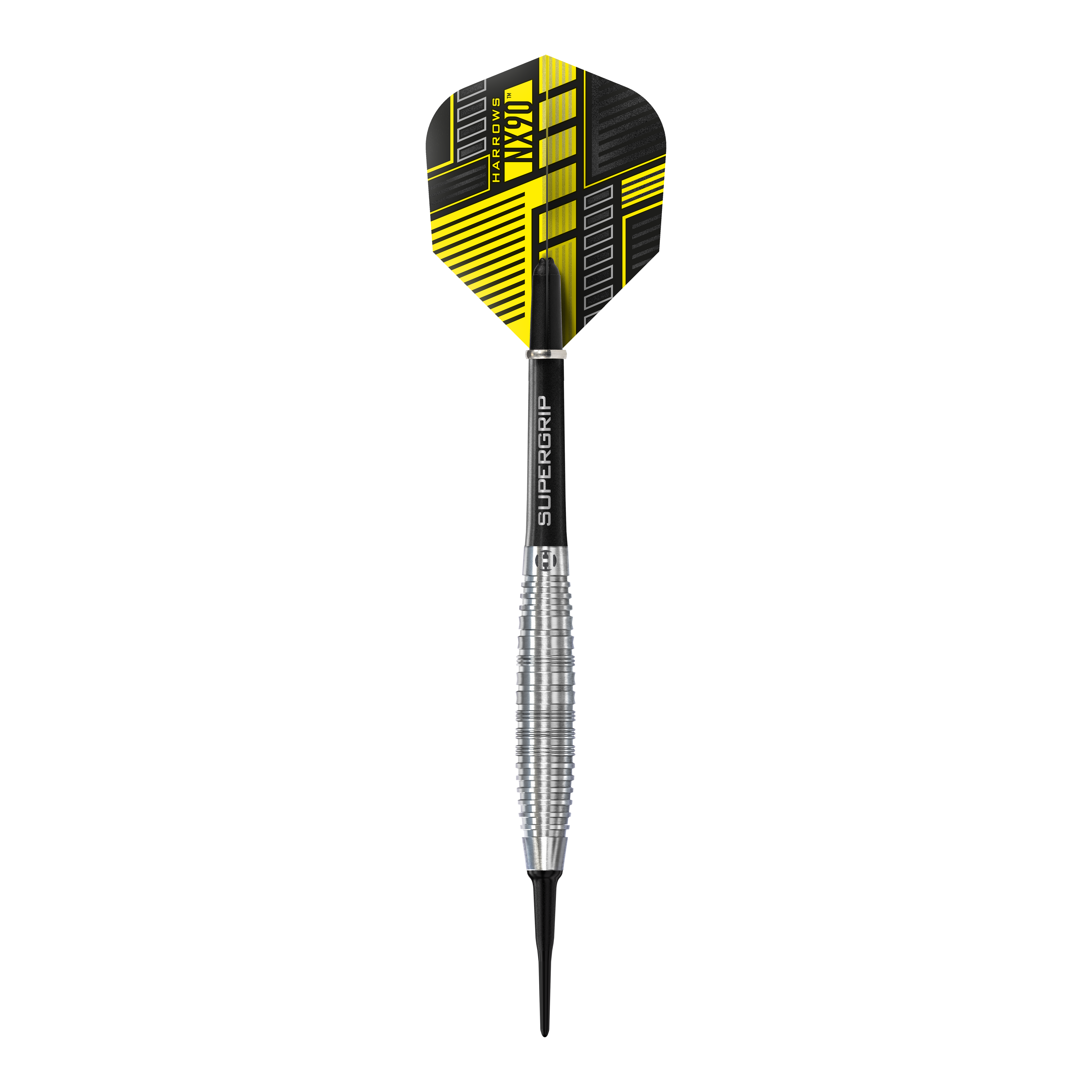 Fléchettes souples Harrows NX90 Bomb Das Bild zeigt einen Harrows NX90 Bomb Softdart mit einem silbernen, geriffelten Barrel. Die Flight-Feder ist schwarz und gelb gemustert und trägt den Produktnamen.
