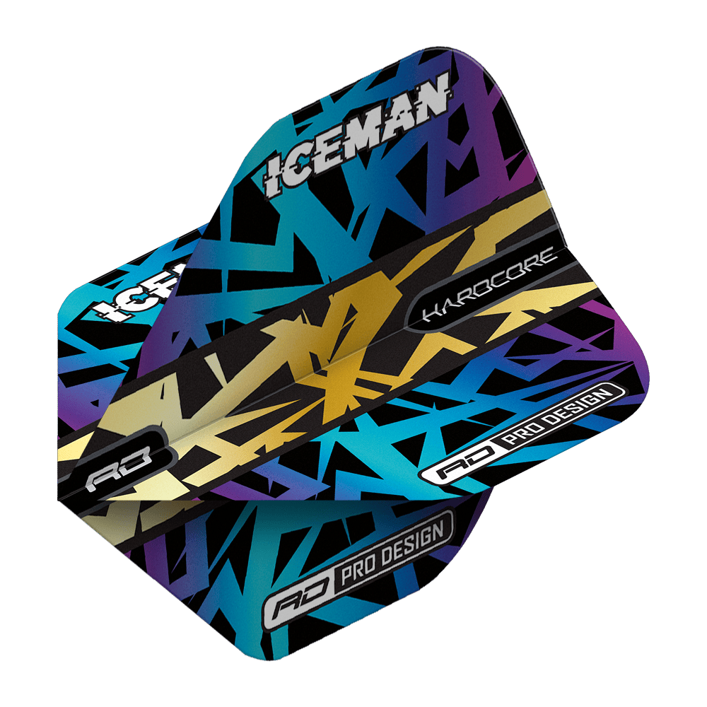 TF6826_Red_Dragon_Hardcore_Gerwyn_Price_Rainbow_Gold_Standard_Flights_2LqngRvR8k9DaC Das Bild zeigt die Red Dragon Hardcore Gerwyn Price Rainbow Gold Standard Flights. Die Flights haben ein auffälliges, buntes Design mit den Aufschriften "ICEMAN", "HARDCORE" und "PRO DESIGN".