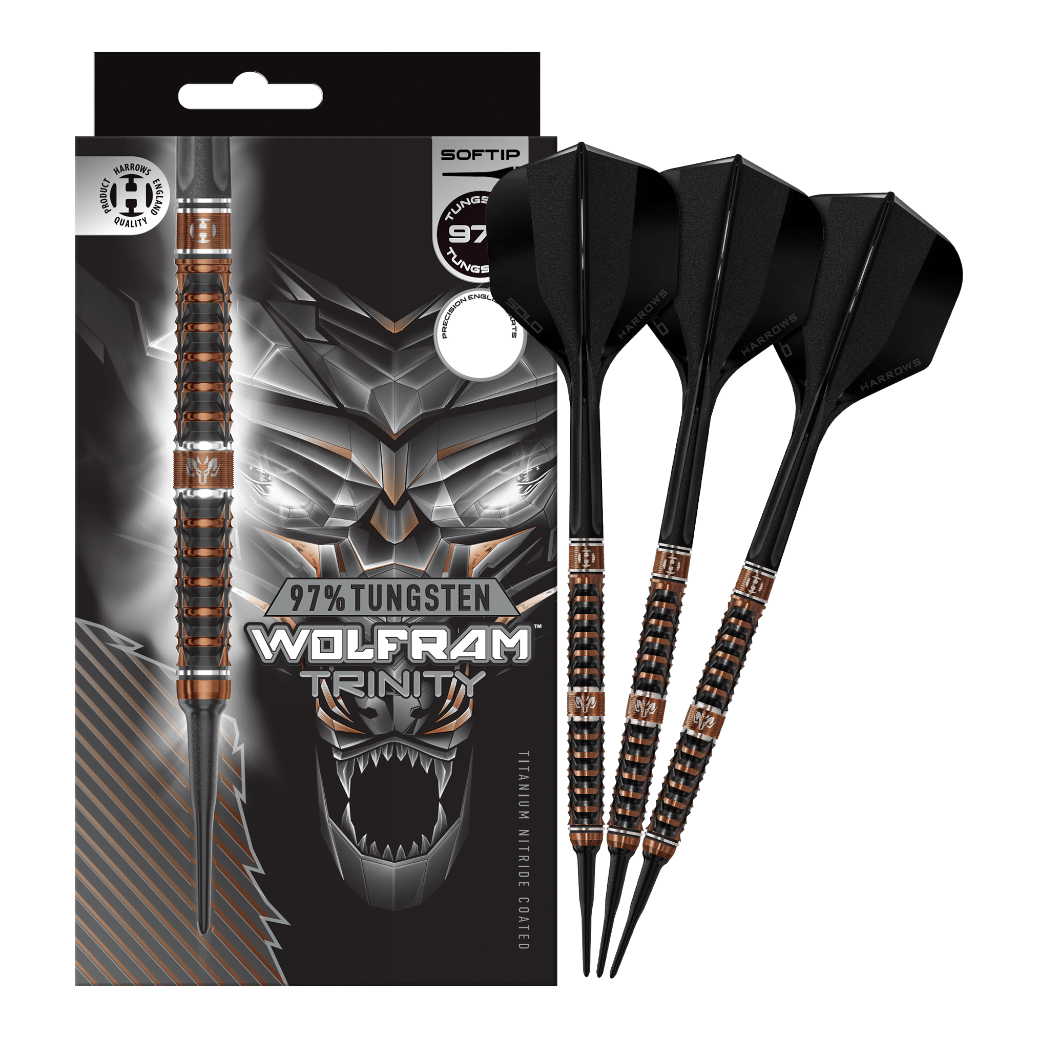 Fléchettes souples Harrows Tungsten Trinity Das Bild zeigt die Harrows Wolfram Trinity Softdarts in voller Ansicht. Die Softdarts sind hochwertig verarbeitet.