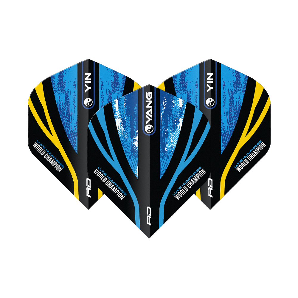 Red Dragon Luke Humphries Champion du monde Blue Gold Yin Yang Vols standards Das Bild zeigt drei Dart-Flights mit dem Design "Red Dragon Luke Humphries World Champion Blue Gold Yin Yang Standard Flights". Die Flights sind in Blau, Schwarz und Gold gehalten und tragen die Aufschrift "World Champion".