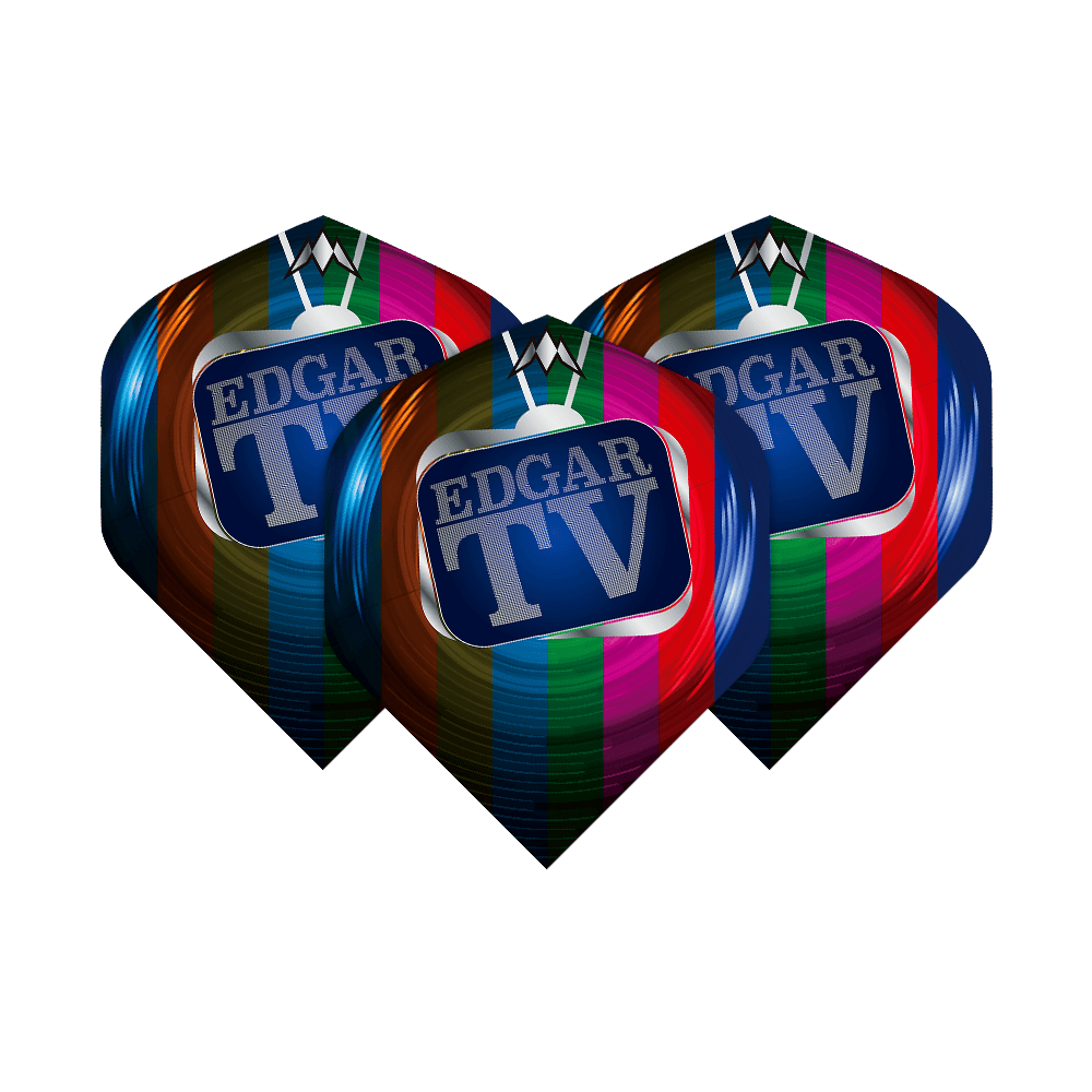 Mission Solo Matt Edgar n°2 Vols Standard Das Bild zeigt drei bunte Dart-Flights mit dem Aufdruck "EDGAR TV" auf einem Fernsehbildschirm. Die Flights sind Teil des Produkts "Mission Solo Matt Edgar No2 Standard Flights".