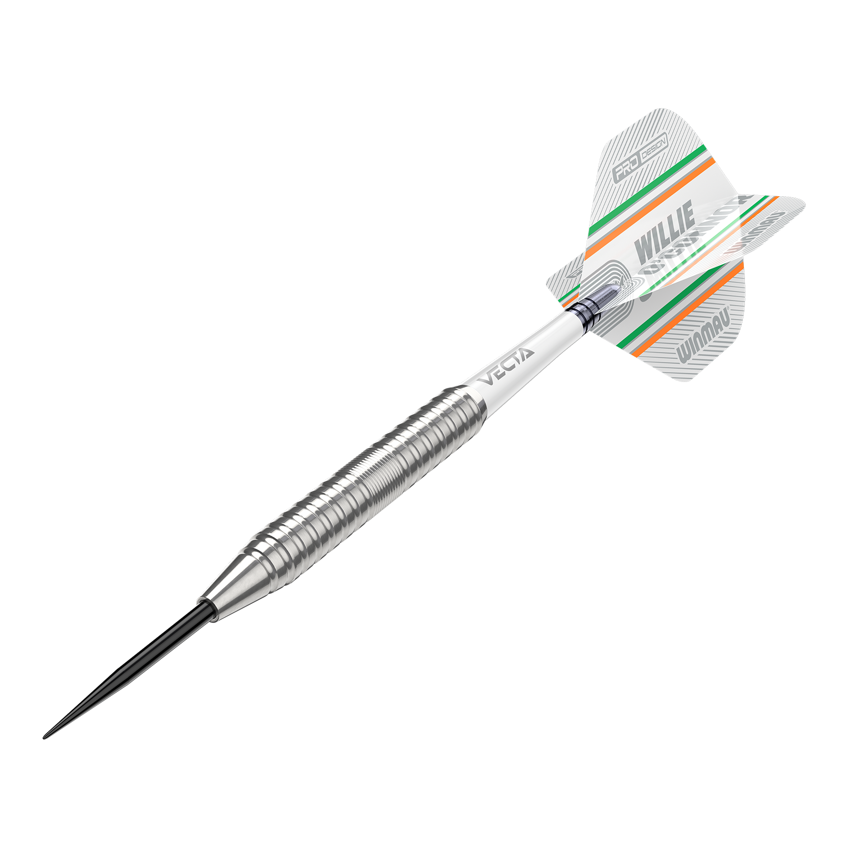 Fléchettes en acier Winmau Willie O'Connor - 23 g Das Bild zeigt einen silbernen Steeldartpfeil mit dem Namen "Winmau Willie O'Connor Steeldarts - 23g". Auf dem Flight sind grüne und orange Streifen sowie der Name "Willie O'Connor" zu sehen.