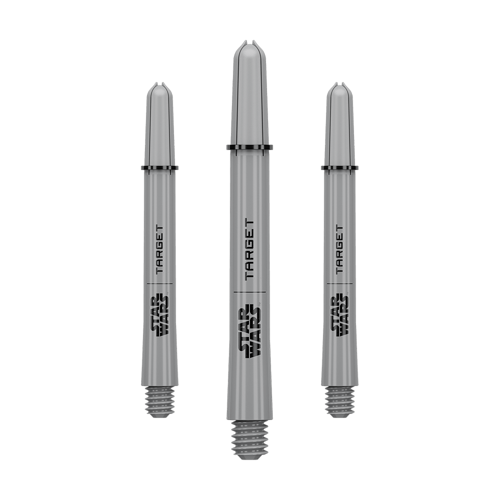 Das Bild zeigt ein Dart-Zubehör mit dem Dateinamen 380432_Target_StarWars_ProGrip_Shafts_Grau_Medium_48mm_1Set. Es handelt sich vermutlich um einen grauen Medium ProGrip Shaft von Star Wars mit 48mm Länge als Set.