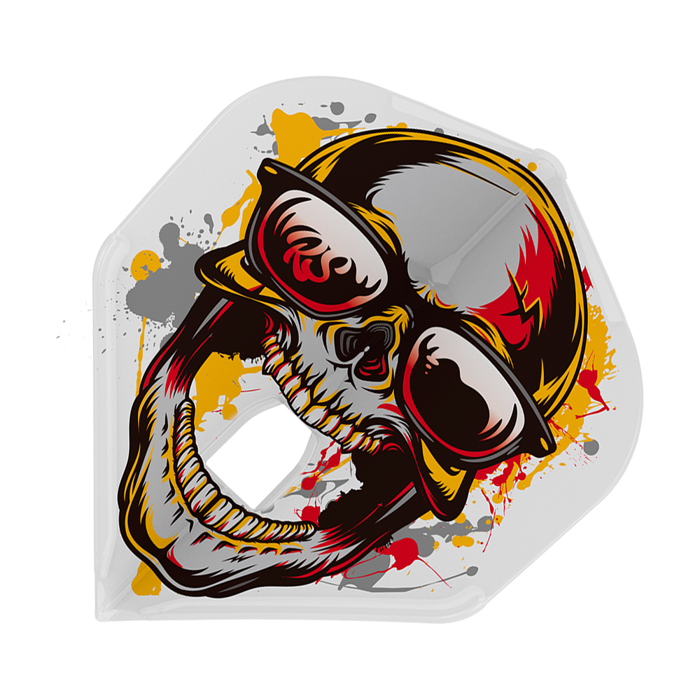 Volets standard L-Style Marijanovic V1 L1PRO Das Bild zeigt das Produkt „L-Style Marijanovic V1 L1PRO Standard Flights“. Auf dem Flight ist ein farbenfrohes Totenkopfdesign mit Sonnenbrille und bunten Farbspritzern abgebildet.