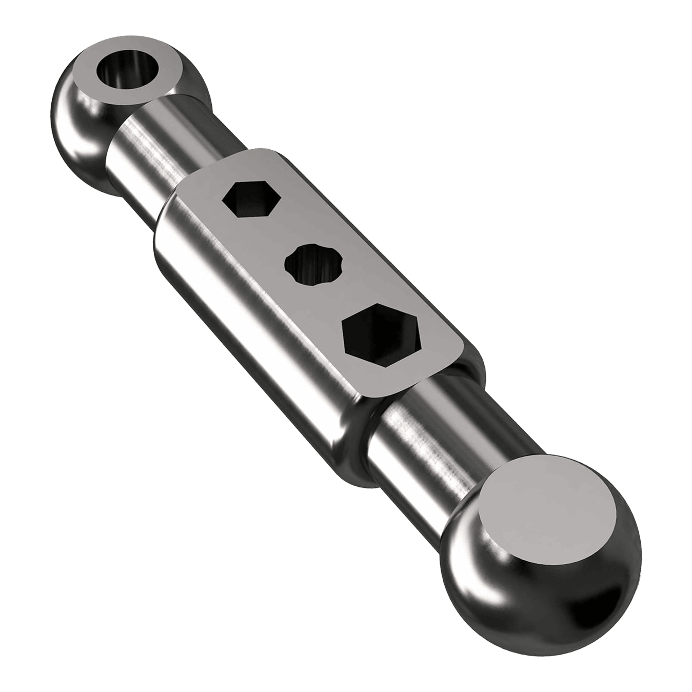 Kit de démarrage Caliburn Das Bild zeigt ein metallisches Bauteil mit zwei kugelförmigen Enden und einer rechteckigen Mittelplatte mit drei Sechskantöffnungen. Es handelt sich um ein Teil des Produkts "Caliburn Starter-Kit".