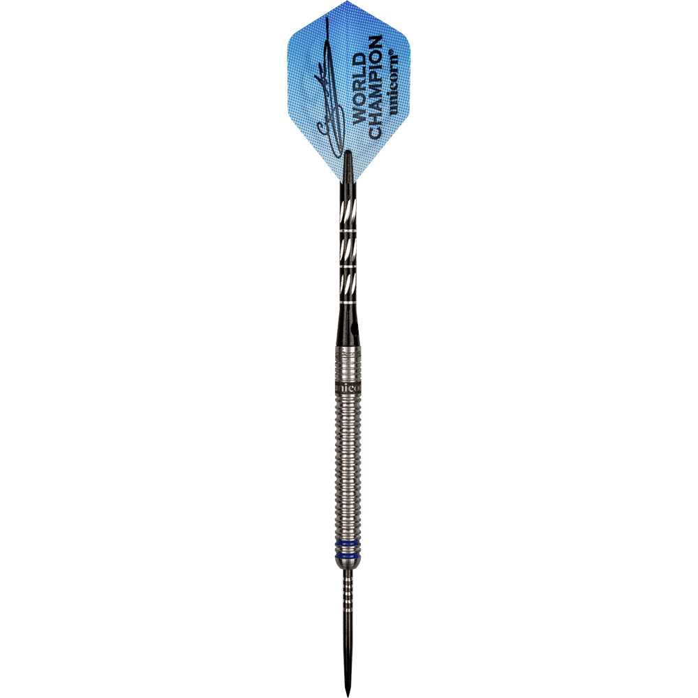 27444_Unicorn_World_Champion_Gary_Anderson_Phase_3_Steeldarts_1W5AjWjnTvHigH Auf dem Bild ist ein Steeldart der Marke „Unicorn World Champion Gary Anderson Phase 3“ zu sehen. Der Dart hat eine silberne Barrel, einen schwarzen Schaft und ein blaues Flight mit Aufschrift.