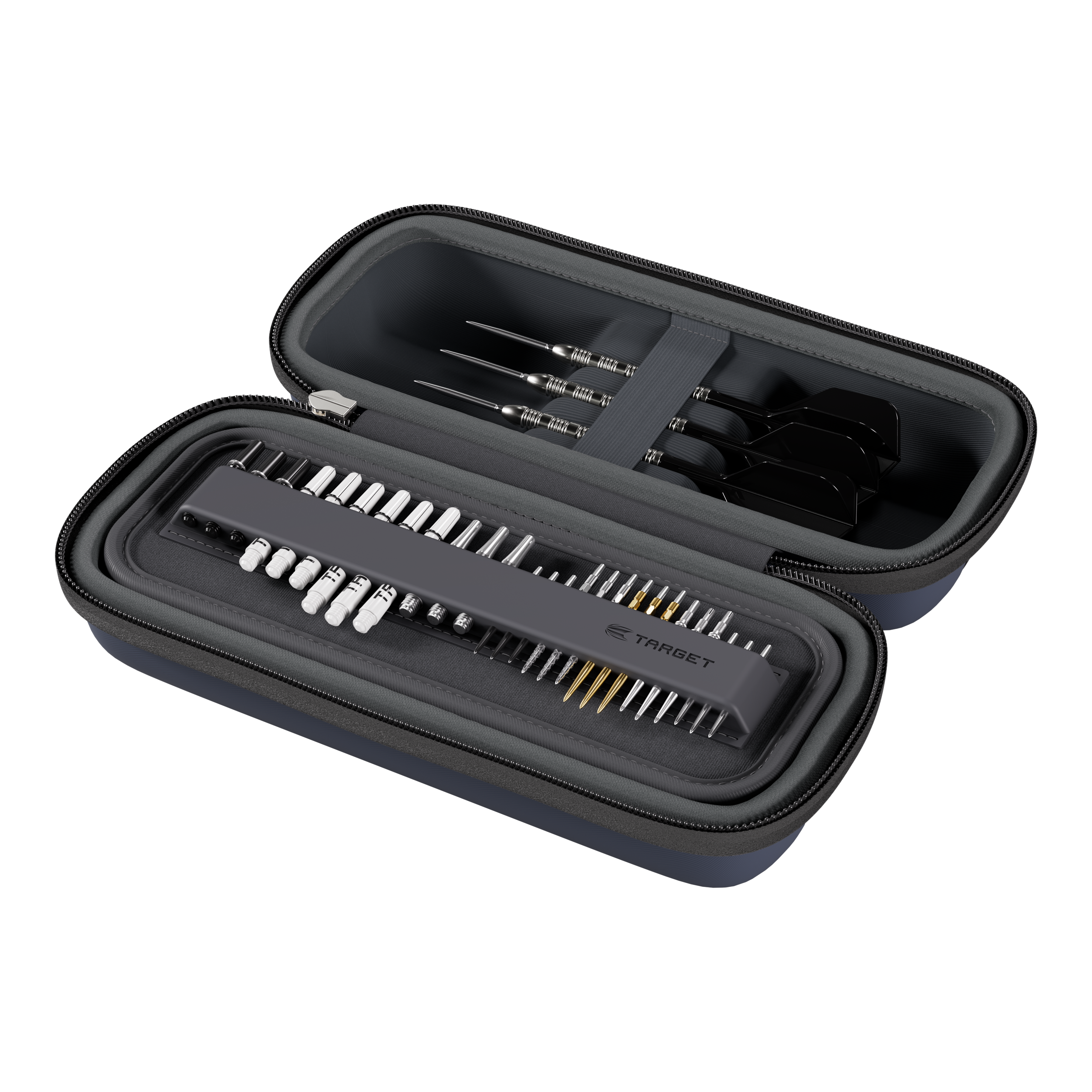 Ein Dartcase in den Farben Navy und Dunkelgrau ist abgebildet. Es ist vermutlich das Target BOA Dartcase.