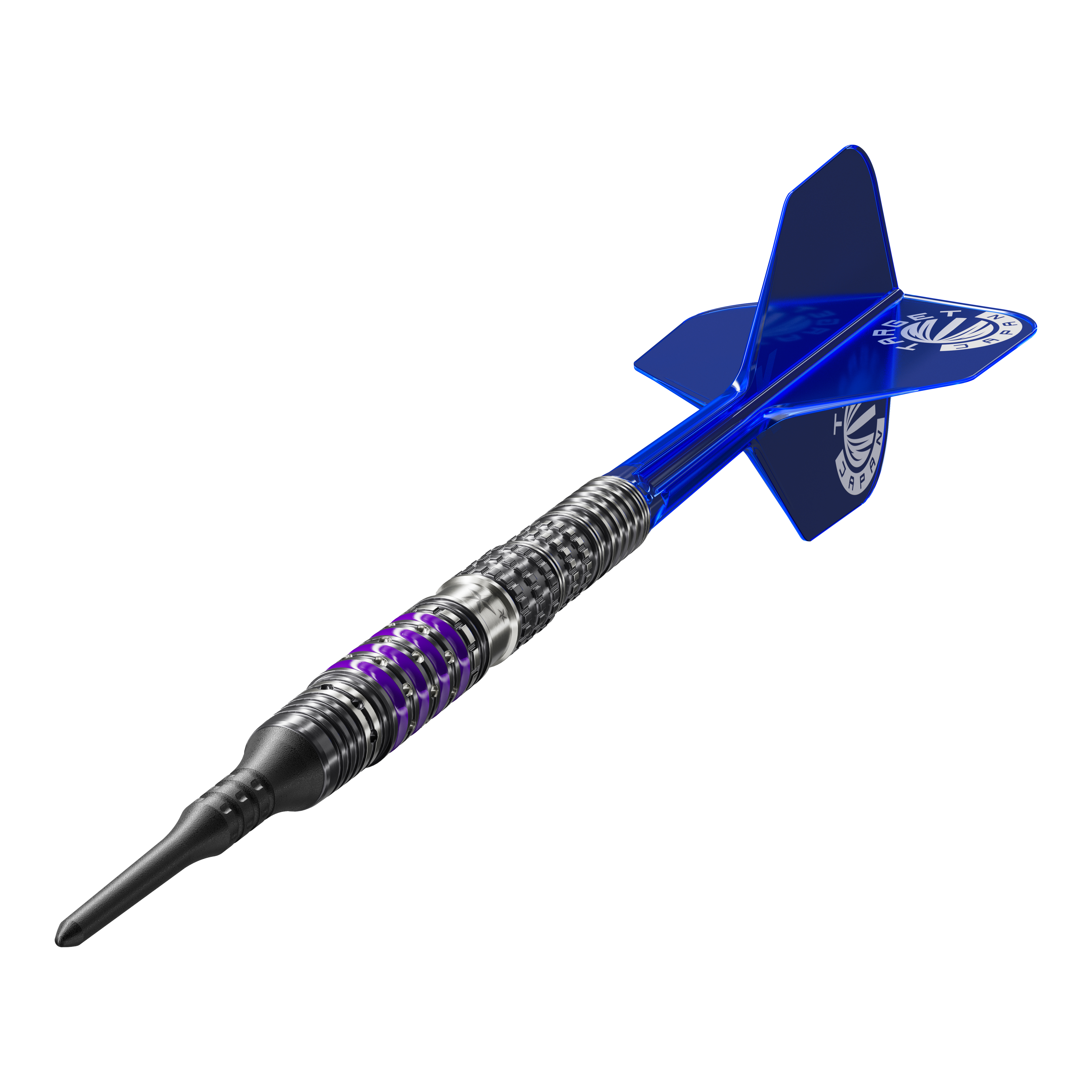 Fléchettes souples Target Japan Prime Series Sirius GEN4 - 21,5 g Das Bild zeigt einen modernen Softdart aus der Produktreihe „Target Japan Prime Series Sirius GEN4“ mit einem Gewicht von 21,5g. Der Dart hat ein auffälliges, silber-schwarzes Design mit lila Akzenten und blauen Flights.