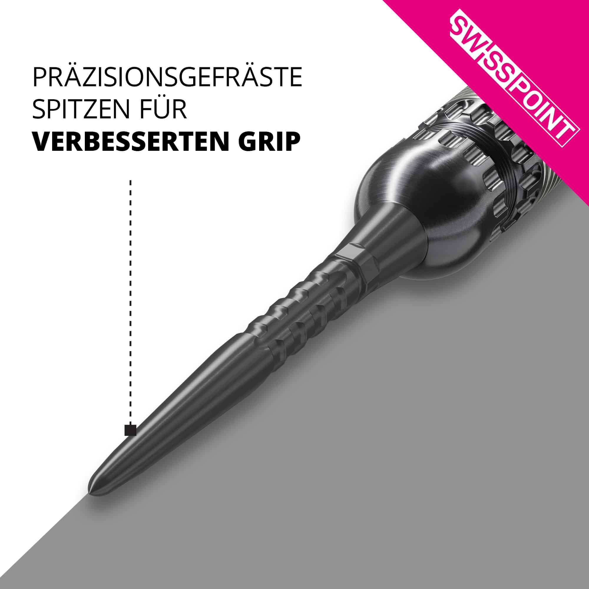 Pointes de fléchettes en acier Target Swiss Point Storm Surge - Noires Das Bild zeigt eine präzisionsgefräste, schwarze Dartspitze mit speziellen Rillen für besseren Halt. Oben rechts steht „SWISS POINT“, und daneben ist der Text „PRÄZISIONSGEFRÄSTE SPITZEN FÜR VERBESSERTEN GRIP“ zu sehen.