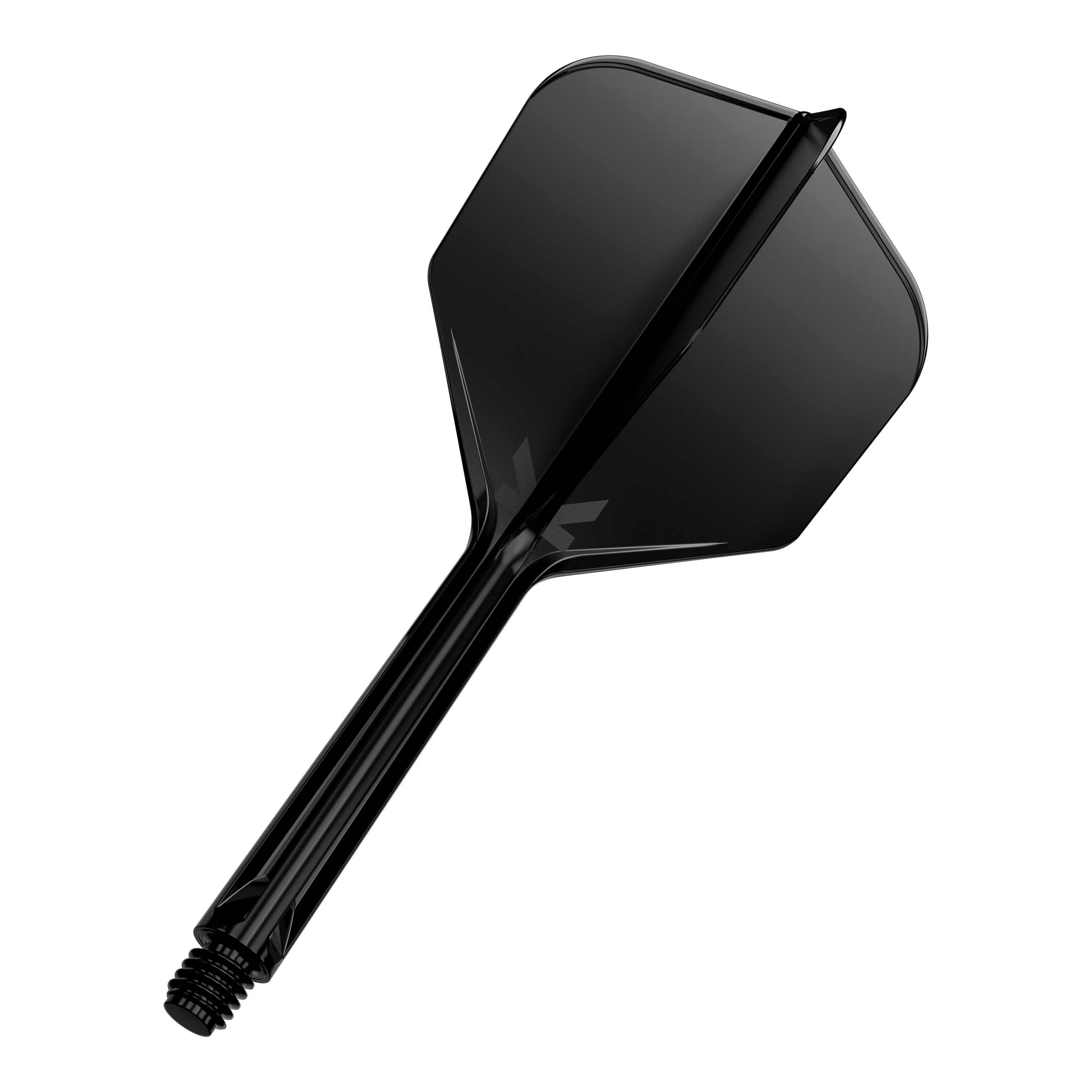 Système de vol Target K-Flex n° 6 - Noir Das Bild zeigt einen schwarzen Dartflight mit Schaft. Der Hintergrund ist komplett schwarz, sodass der Dartflight im Mittelpunkt steht.