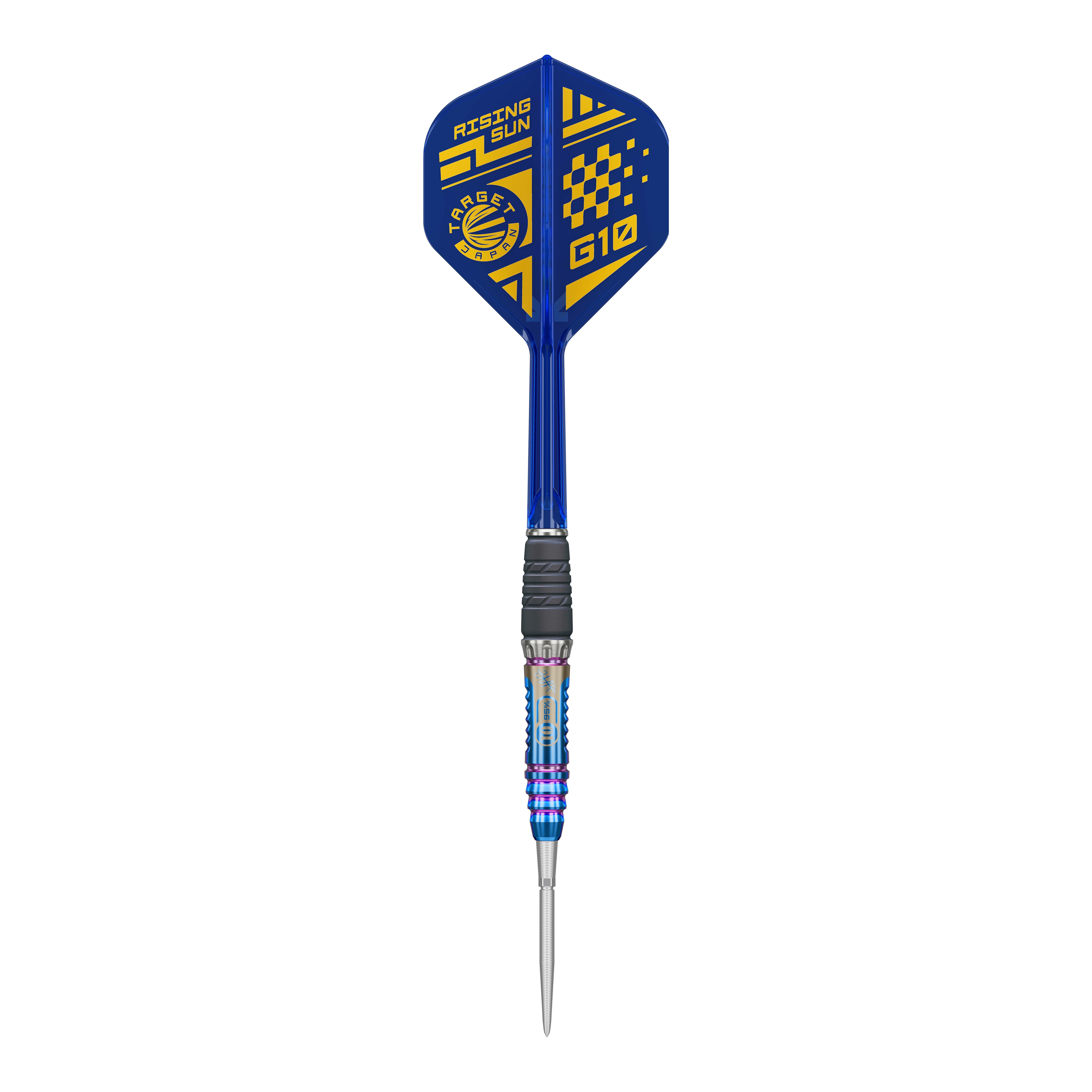 Fléchettes en acier Target Japan Rising Sun GEN10 Swiss Point Dies ist ein Bild der Target Japan Rising Sun GEN10 Swiss Point Steeldarts. Drei silberne Darts mit blauen Highlights sind zu sehen.