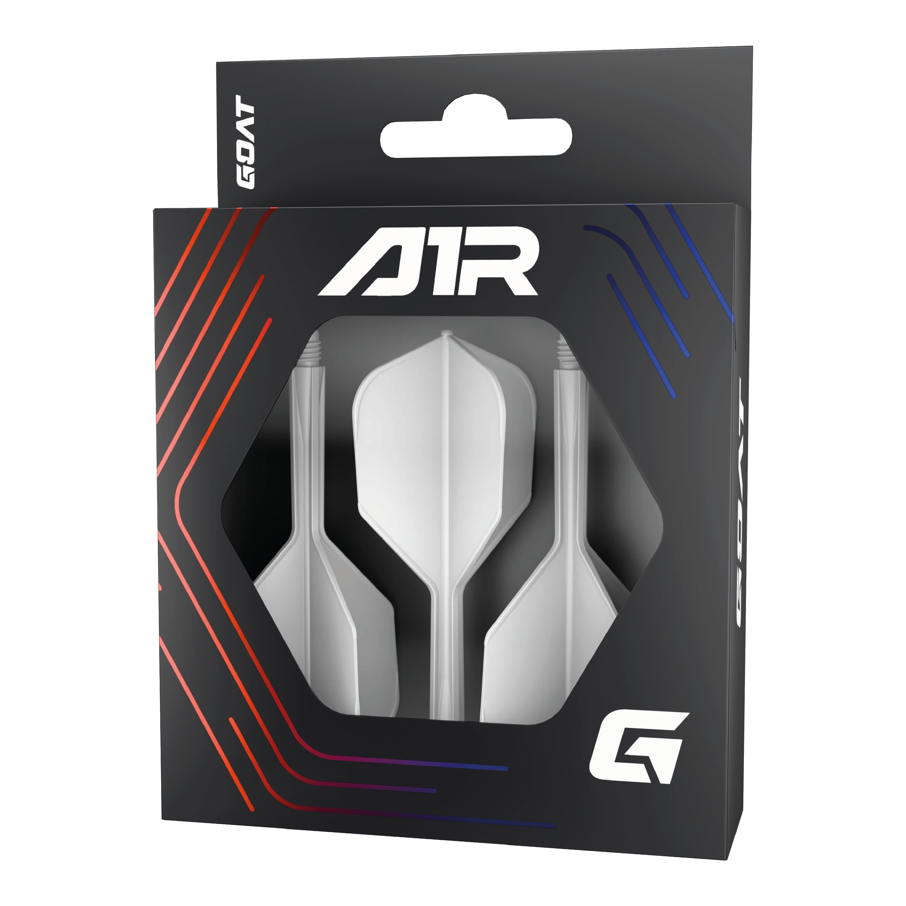 Système d'arbre de vol GOAT A1R n° 6 - Blanc Die Abbildung zeigt das Produkt „GOAT A1R No6 Flight-Shaft-System - Weiß“ in einer schwarzen Verpackung mit Sichtfenster. In der Verpackung sind drei weiße Dart-Flights mit Schäften zu sehen.