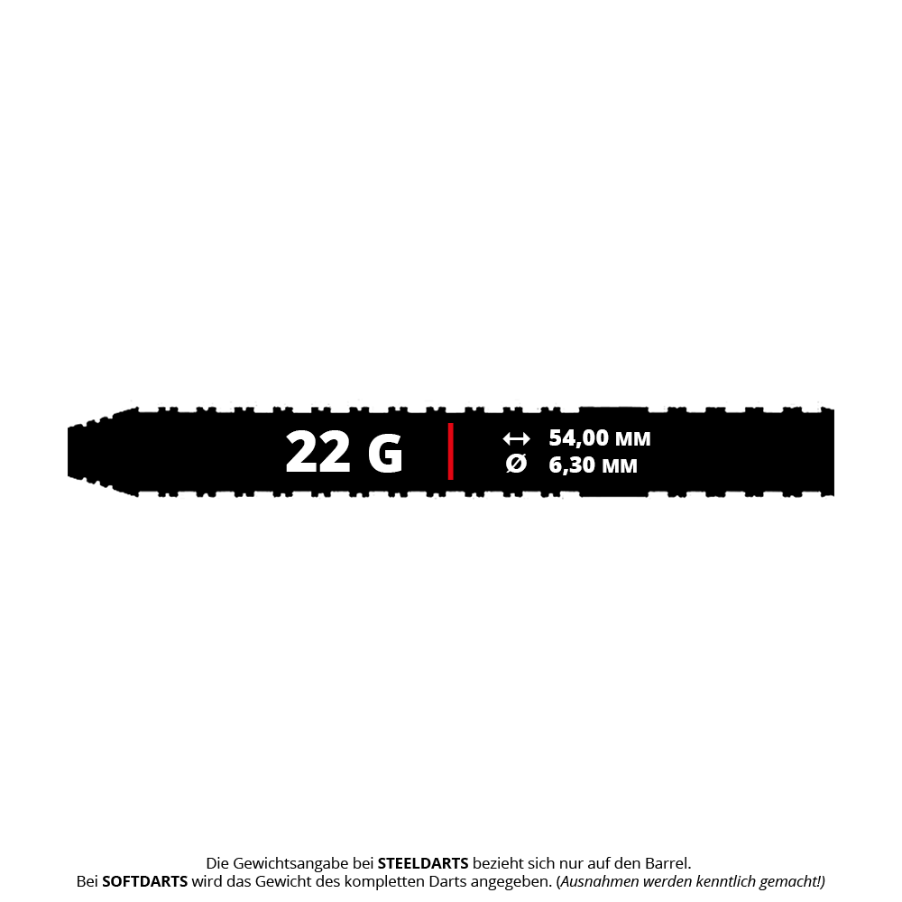 Das Bild zeigt die technischen Daten des Produkts "Caliburn Forge F3 Steeldarts - 22g". Der Dart wiegt 22 Gramm, ist 54,00 mm lang und hat einen Durchmesser von 6,30 mm.