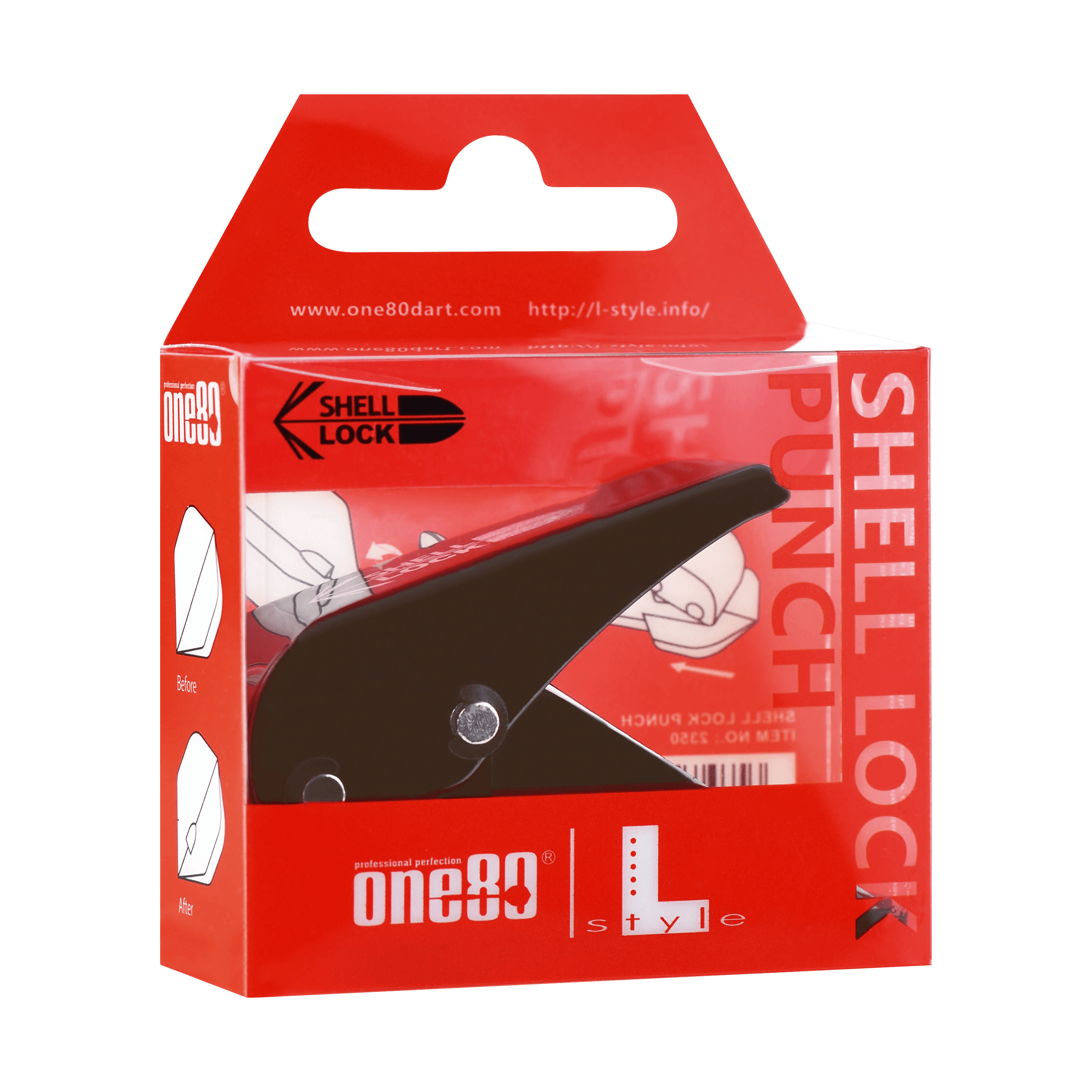 Poinçon de verrouillage de coque One80 style L Poinçon de vol Das Bild zeigt die Verpackung des Produkts "L-Style One80 Shell Lock Punch Flightlocher". In der Packung befindet sich ein schwarzer Lochstanzer für Dart-Flights.