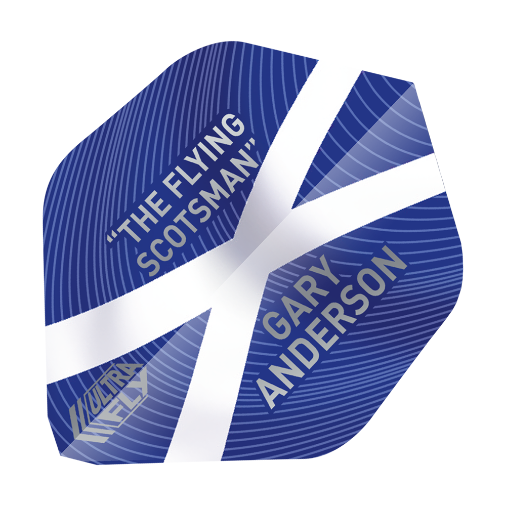 UN18_69040_Unicorn_UltraFly75_Gary_Anderson_World_Champion_AR1_Flights_1 Das Bild zeigt einen blauen Dartflight mit weißem Kreuz, der an die schottische Flagge erinnert. Darauf stehen die Wörter „THE FLYING SCOTSMAN“, „GARY ANDERSON“ und „ULTRA FLY“.
