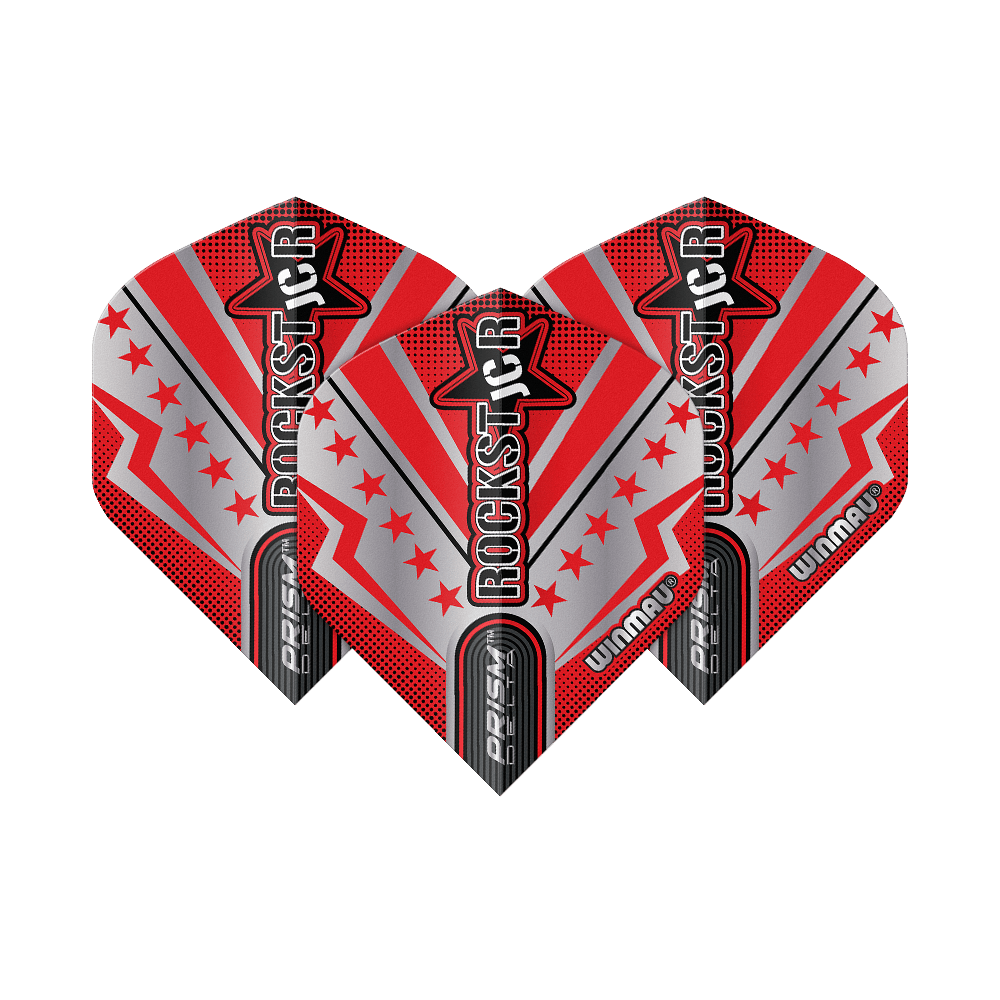 Vols standard Winmau Prism Delta Joe Cullen Rockstar Series n°2 Das Bild zeigt drei Dart-Flights der Serie "Winmau Prism Delta Joe Cullen Rockstar No2". Die Flights sind in rot, silber und schwarz gestaltet und tragen die Aufschrift "ROCKSTAR".