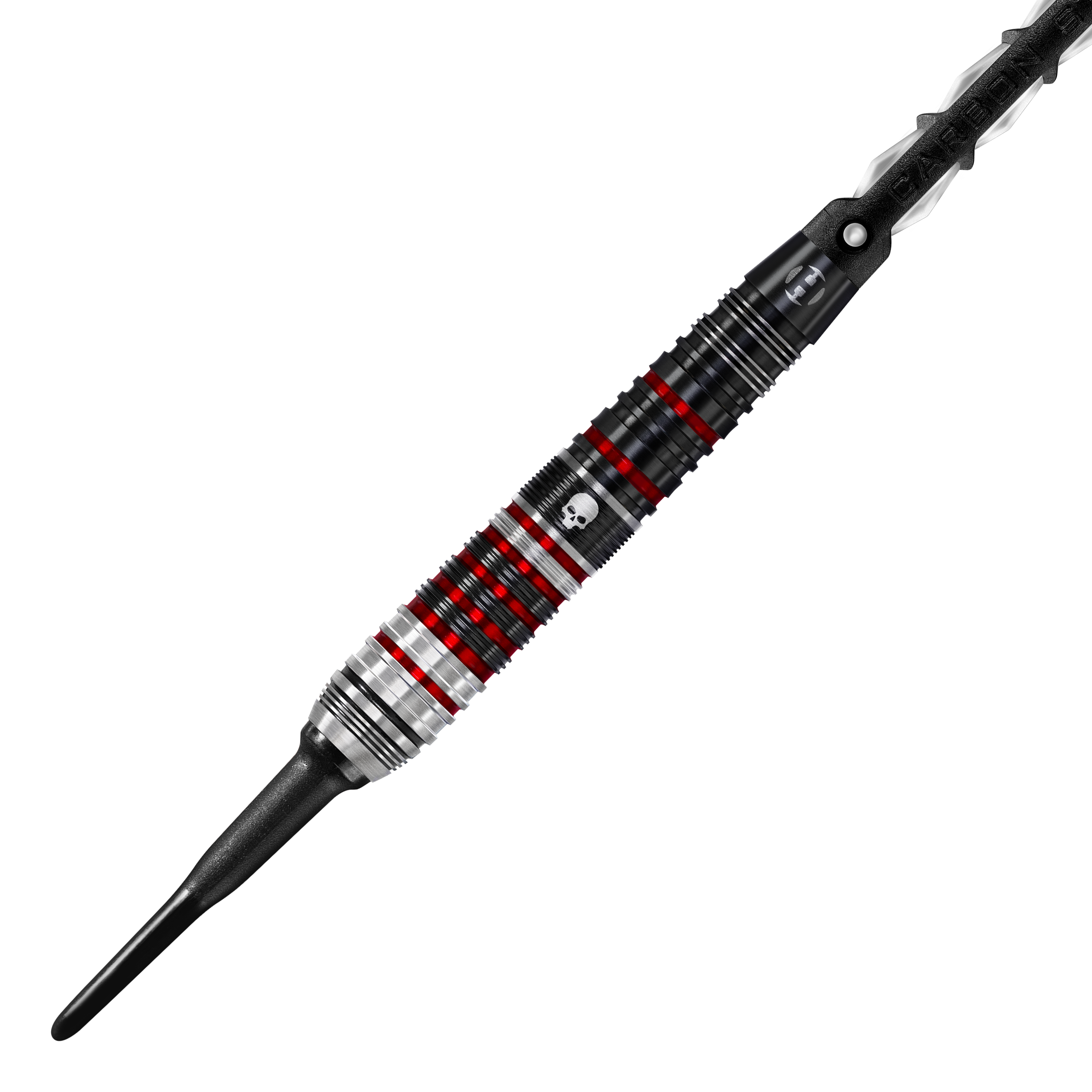 Fléchettes souples Ryan Searle Heavy Metal Series 2 de Harrow Das Bild zeigt einen Harrows Ryan Searle Heavy Metal Series 2 Softdart. Der Dartpfeil ist schwarz, silber und rot mit einem Totenkopf-Design auf dem Griff.