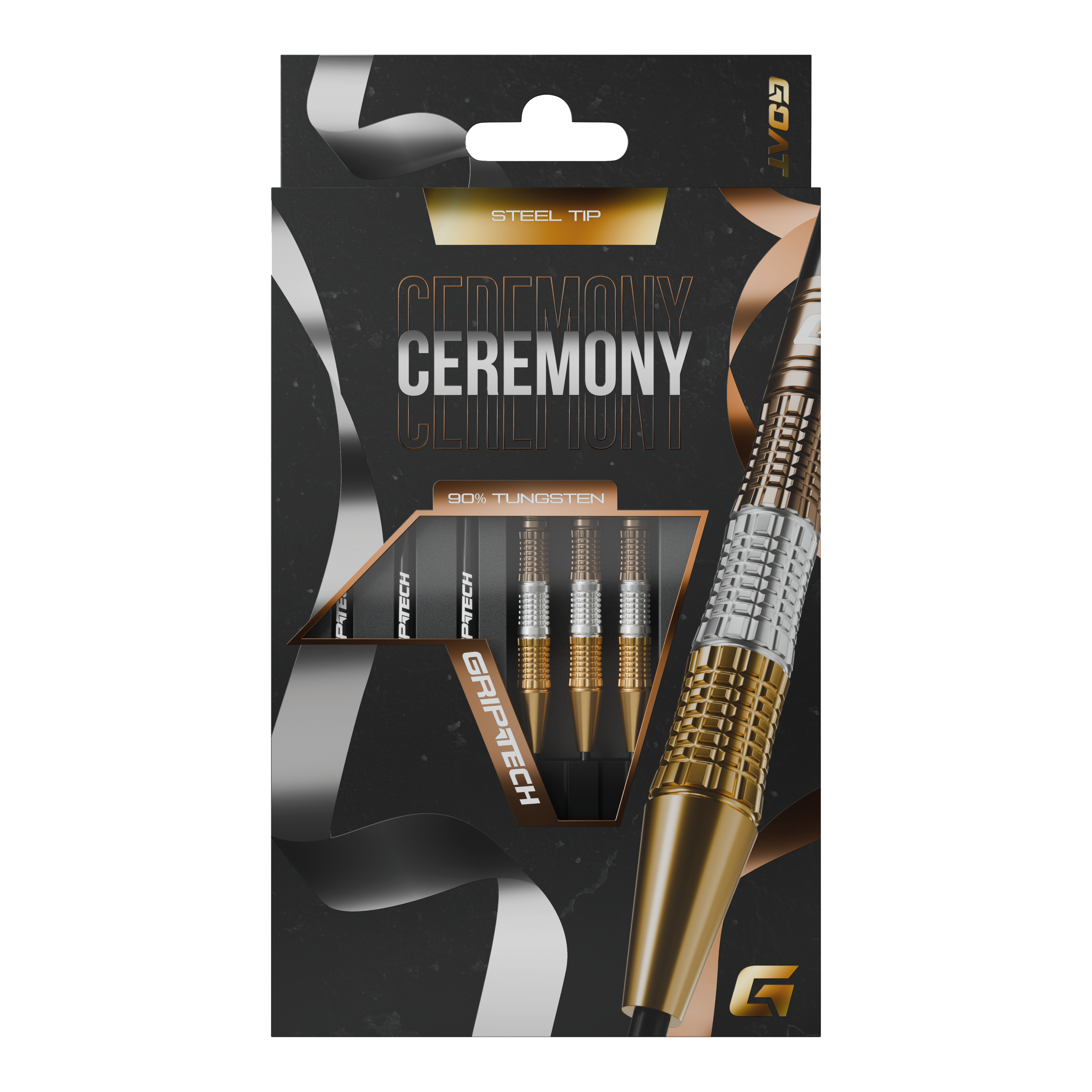 Fléchettes en acier tungstène GOAT Ceremony Die Abbildung zeigt eine Packung „GOAT Ceremony Tungsten Steeldarts“. Die Verpackung hebt die Eigenschaften wie 90% Tungsten und Grip-Tech besonders hervor.