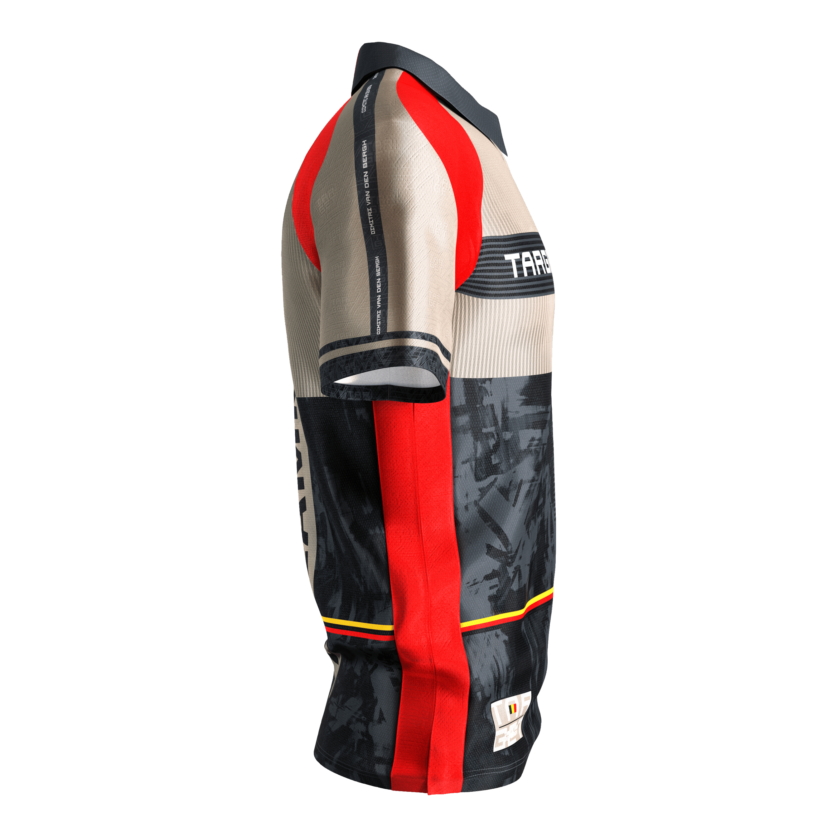 Chemise de fléchettes Target Coolplay Dimitri Van Den Bergh 2025 Das Bild zeigt das "Target Coolplay Dimitri Van Den Bergh 2025 Dartshirt". Das Shirt ist in Beige, Schwarz, Rot und Gelb gestaltet und hat sportliche Designelemente.