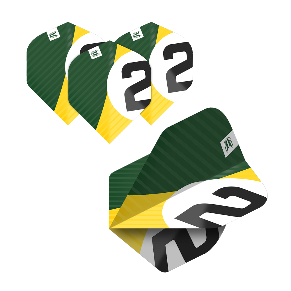 337204_Target_ProUltra_5Sets_Multipack_Chicane_No2_Standard_Flights_2T6fbrXu1nCn0A Das Bild zeigt fünf Sätze Target Pro Ultra Chicane No2 Standard Flights für Dartpfeile. Die Flights sind grün, gelb und weiß mit einer großen schwarzen "2" darauf.