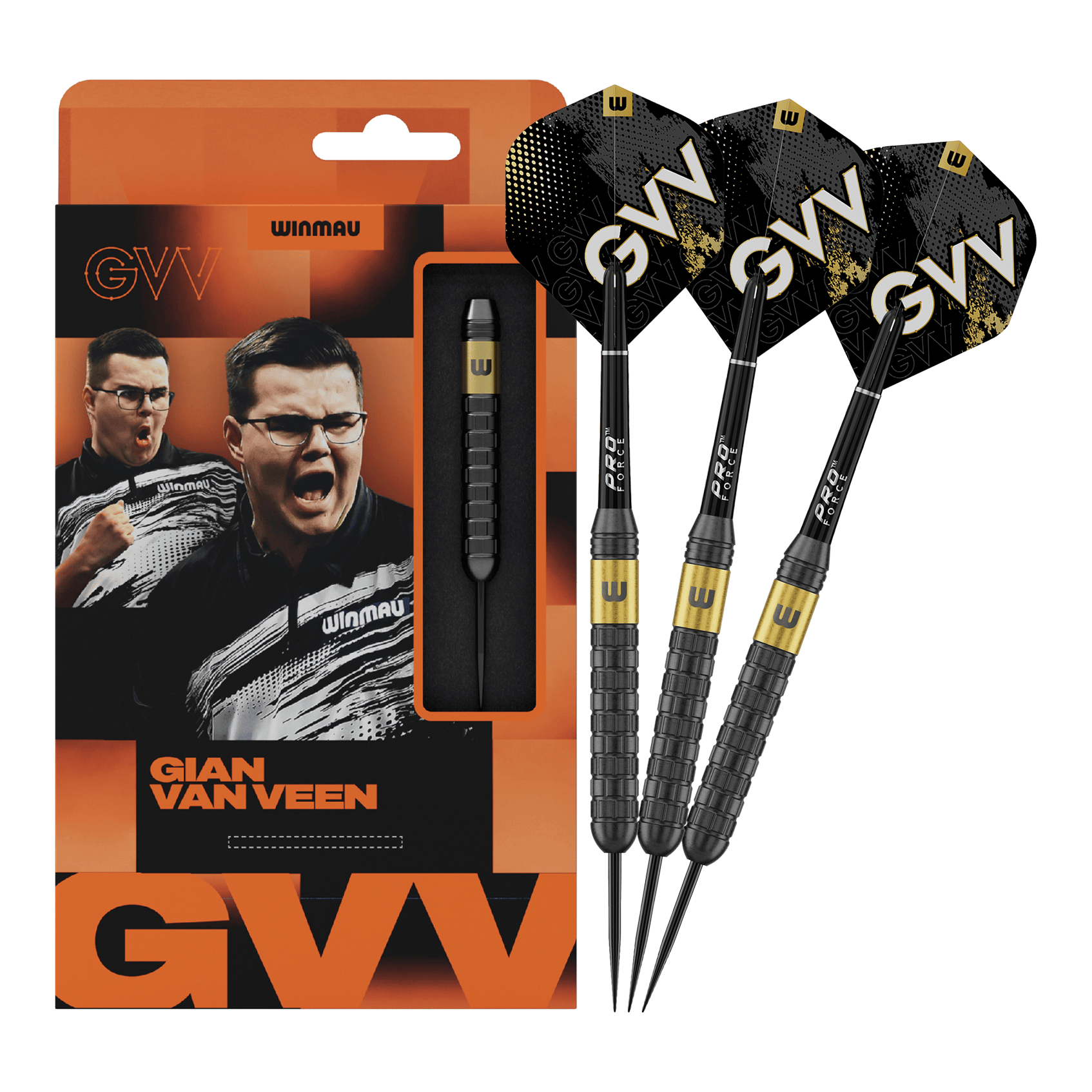 Winmau Gian Van Veen Core Brass Steeldards - 21g Auf diesem Bild sieht man Winmau Gian Van Veen Core Brass Steeldarts mit 21 Gramm. Die Dartpfeile liegen nebeneinander und sind gut erkennbar.