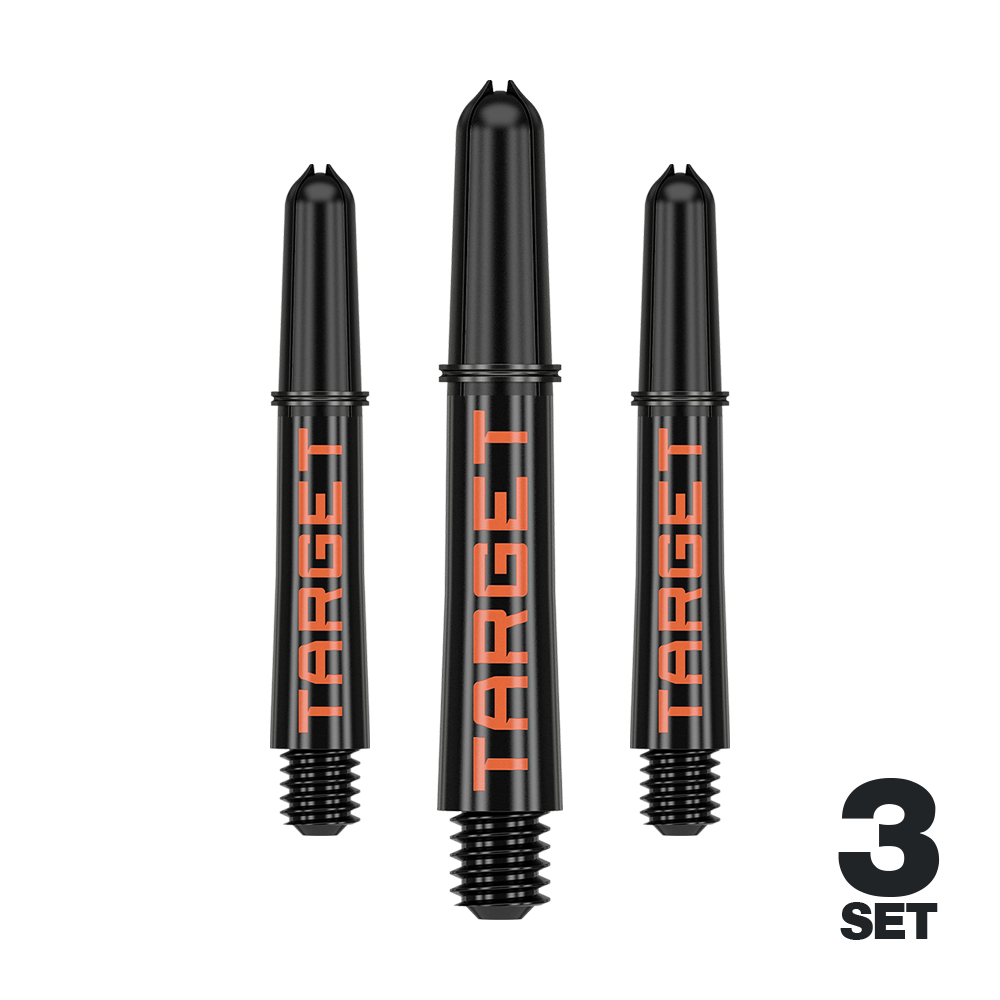 Tiges Target Pro Grip TAG - 3 jeux - Noir Orange Auf dem Bild sind drei schwarze Dartschäfte mit orangener "TARGET"-Aufschrift zu sehen. Unten rechts steht "3 SET", was darauf hinweist, dass es sich um ein Set aus drei Stück handelt.
