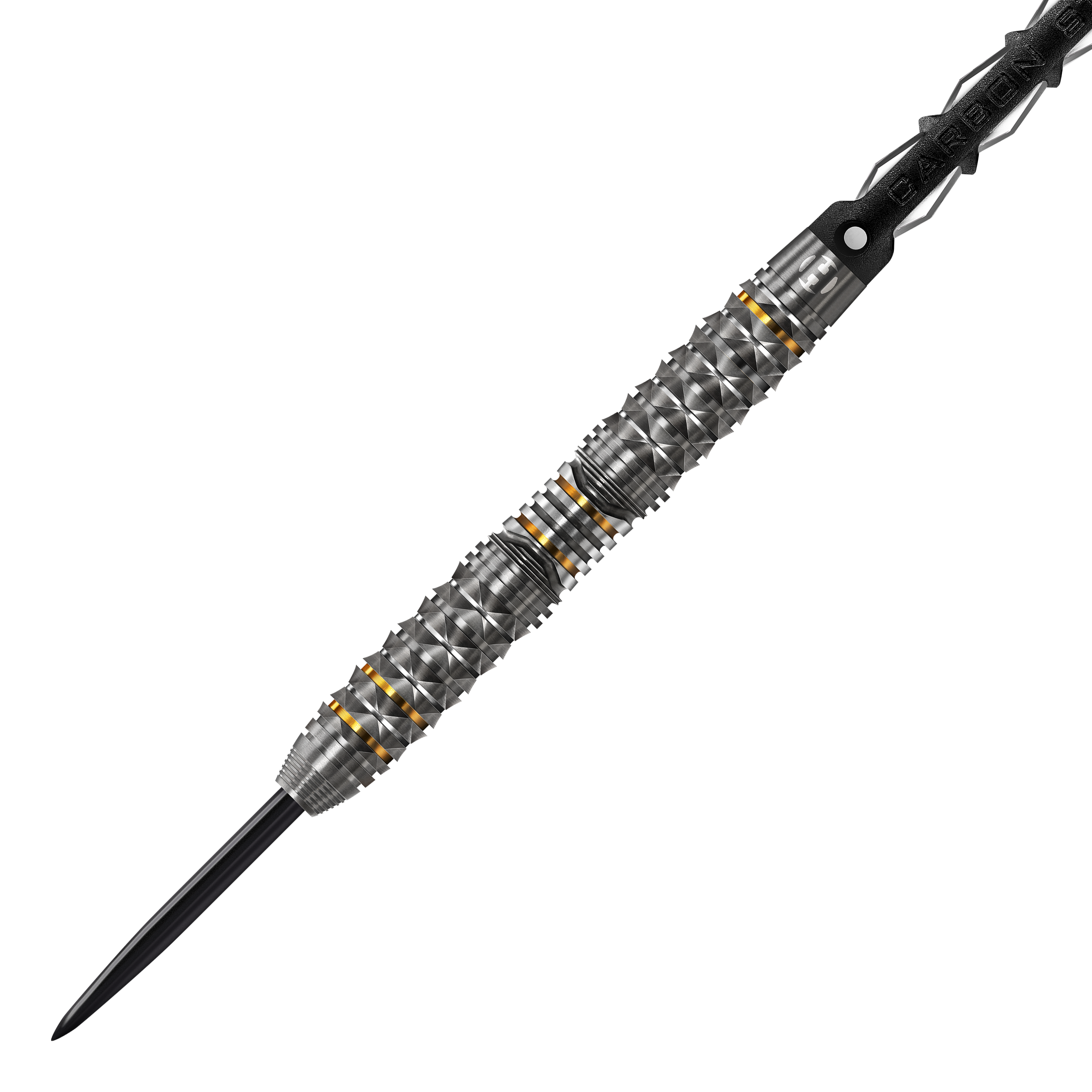 Fléchettes en acier Harrows Opus Das Bild zeigt einen Harrows Opus Steeldart. Der Dartpfeil hat ein silbernes, strukturiertes Design mit goldenen Akzenten.