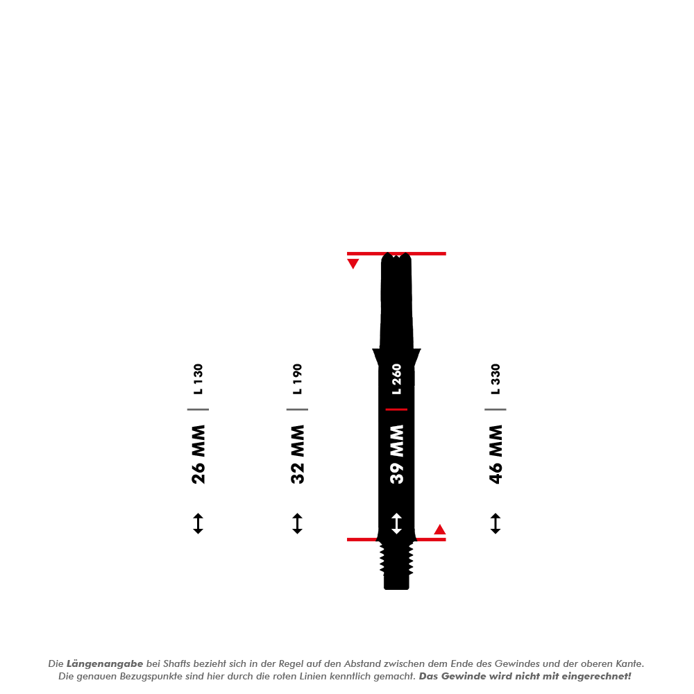 Arbres en L Silent Straight - Noir Das Bild zeigt verschiedene Längen von geraden Dartshafts, die in Millimetern angegeben sind. Die L-Shaft mit einer Länge von 39 mm ist in der Mitte hervorgehoben dargestellt.