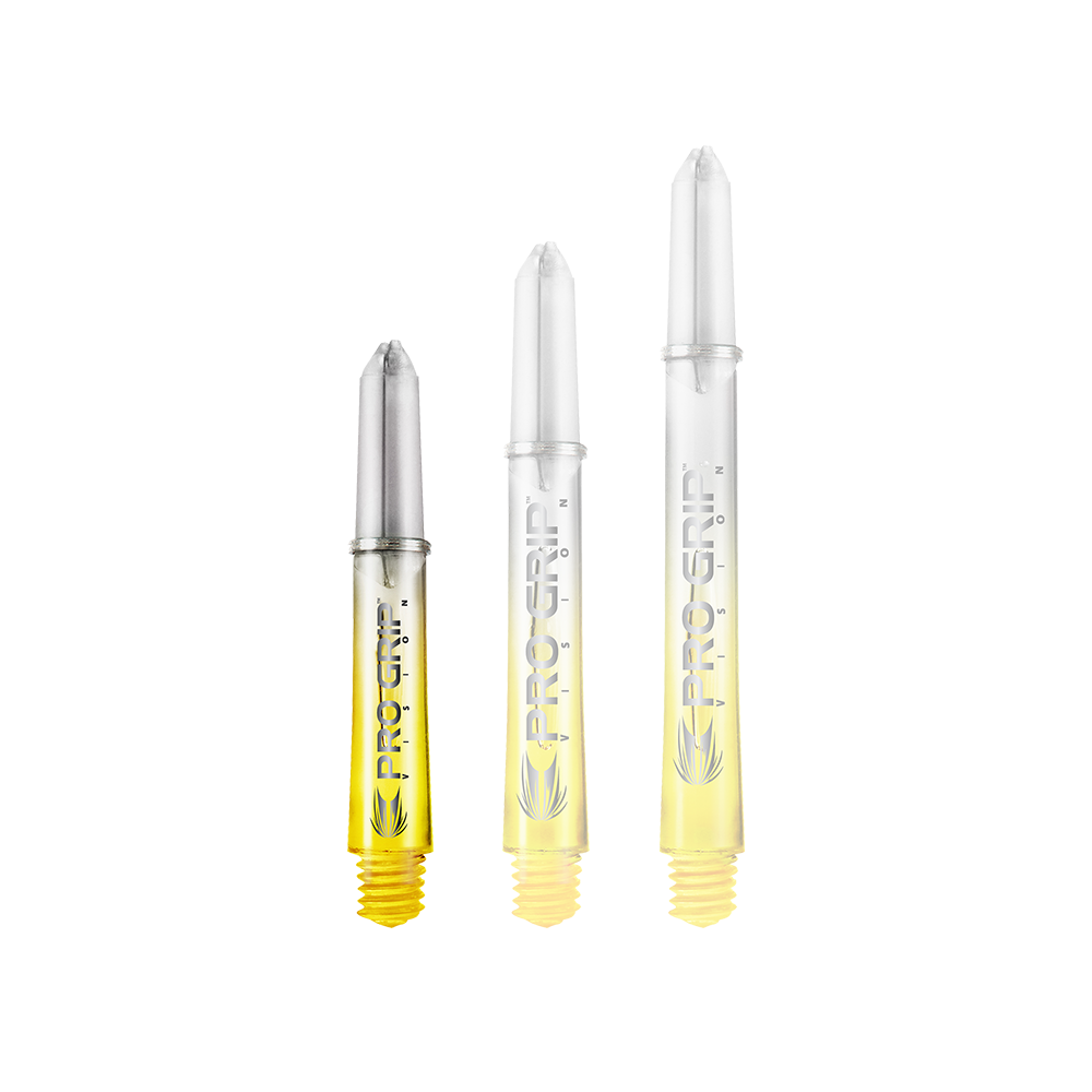 Tiges Target Pro Grip Vision - 3 jeux - Jaune Auf dem Bild sind drei durchsichtige Dartschäfte mit gelbem Ende abgebildet. Auf den Schäften steht "PRO GRIP VISION" und sie sind unterschiedlich lang.