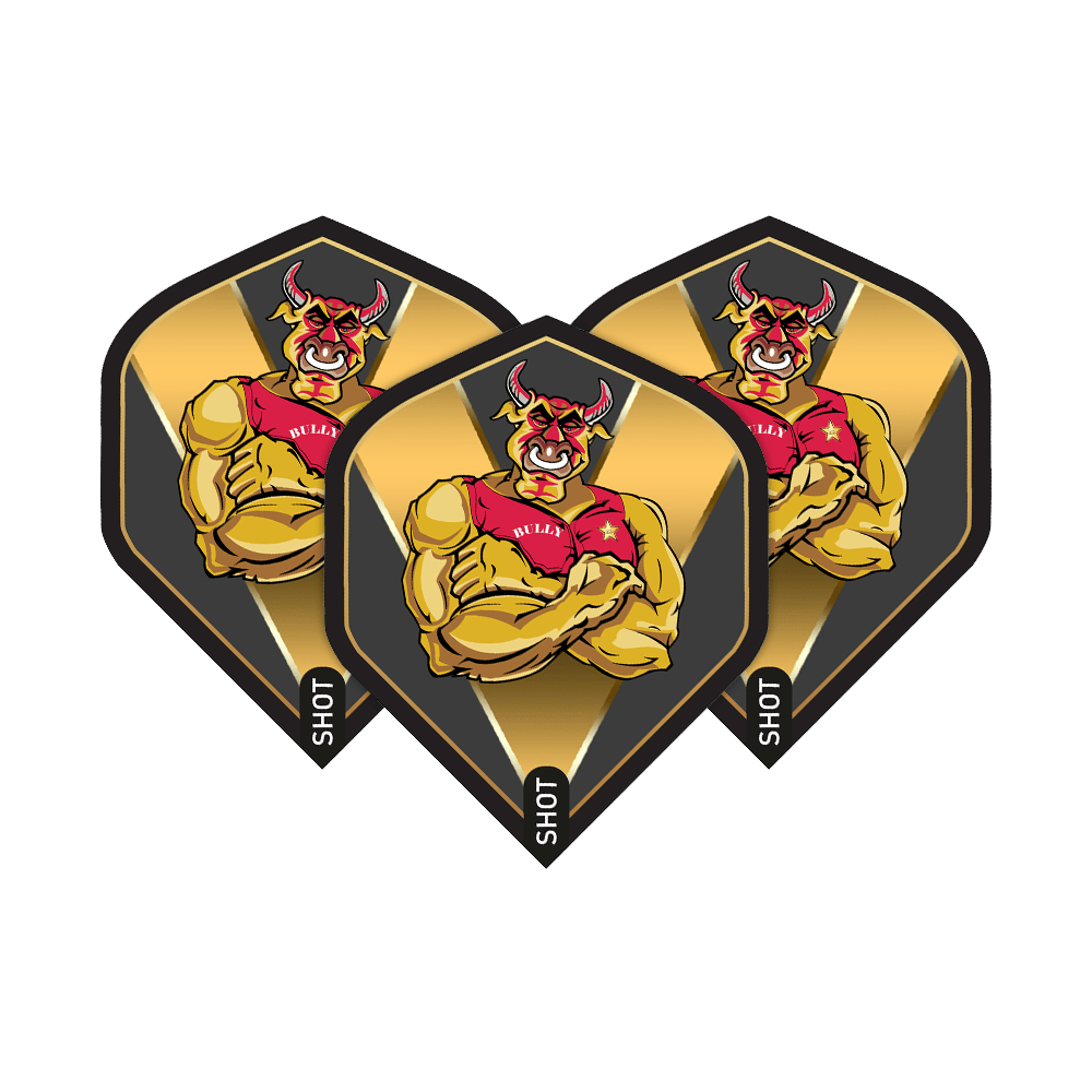 Shot de Michael Smith Bully Boy Gold Standard Flights Das Bild zeigt drei Dart-Flights mit einem muskulösen, roten Stier auf goldenem Hintergrund. Auf den Flights steht der Name „Bully Boy“ und unten das Wort „Shot“.