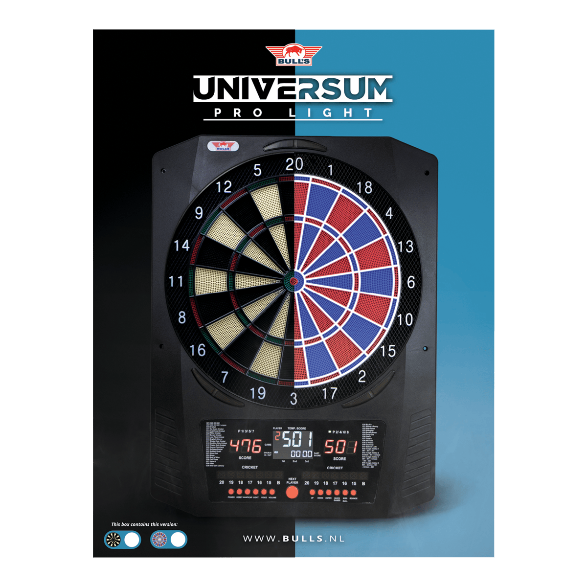 Cible de fléchettes électronique Bulls NL Universum Pro Light - Bleu Rouge Hier sieht man das Bulls NL Universum Pro Light Elektronisches Dartboard in den Farben Blau und Rot. Dieses Dartboard bietet viele Spieloptionen.