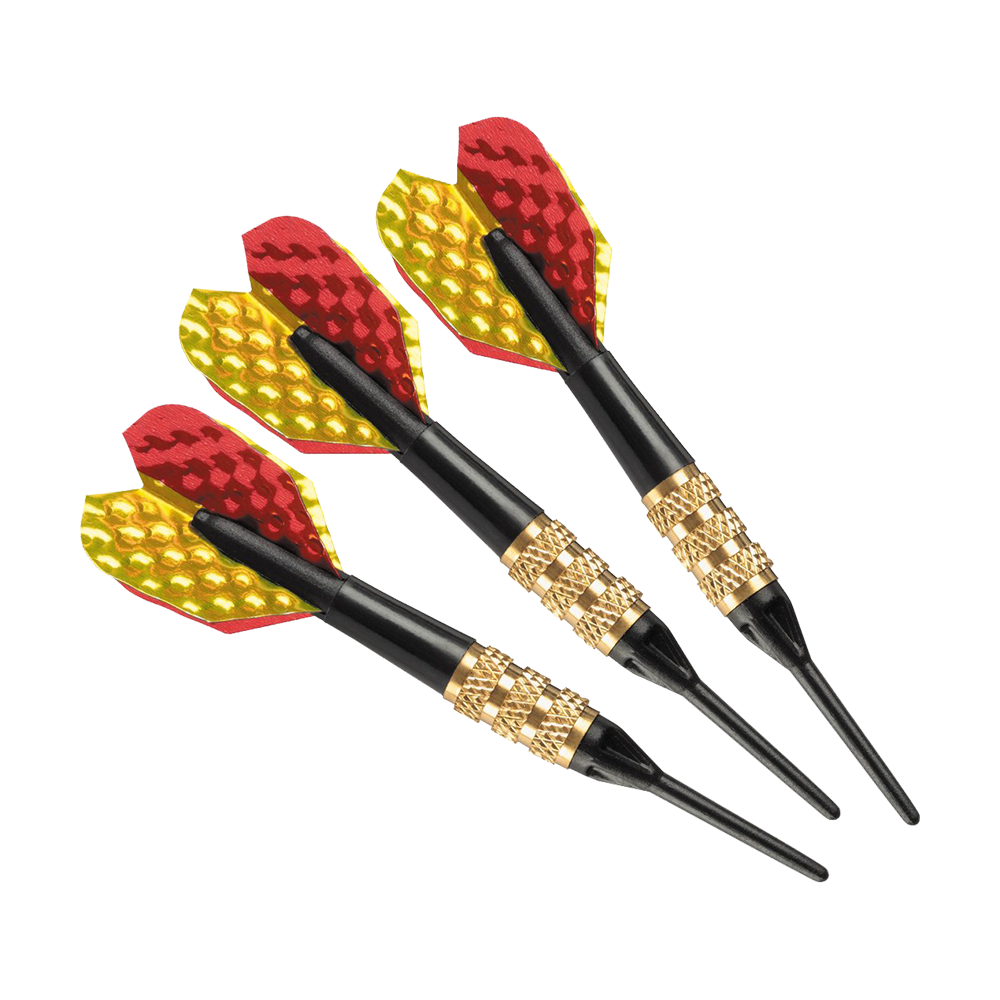 Harrows Mini Softdarts Auf dem Bild sind drei Harrows Mini Softdarts zu sehen. Sie haben schwarze Spitzen, goldene Griffe und rot-gelbe Flights.