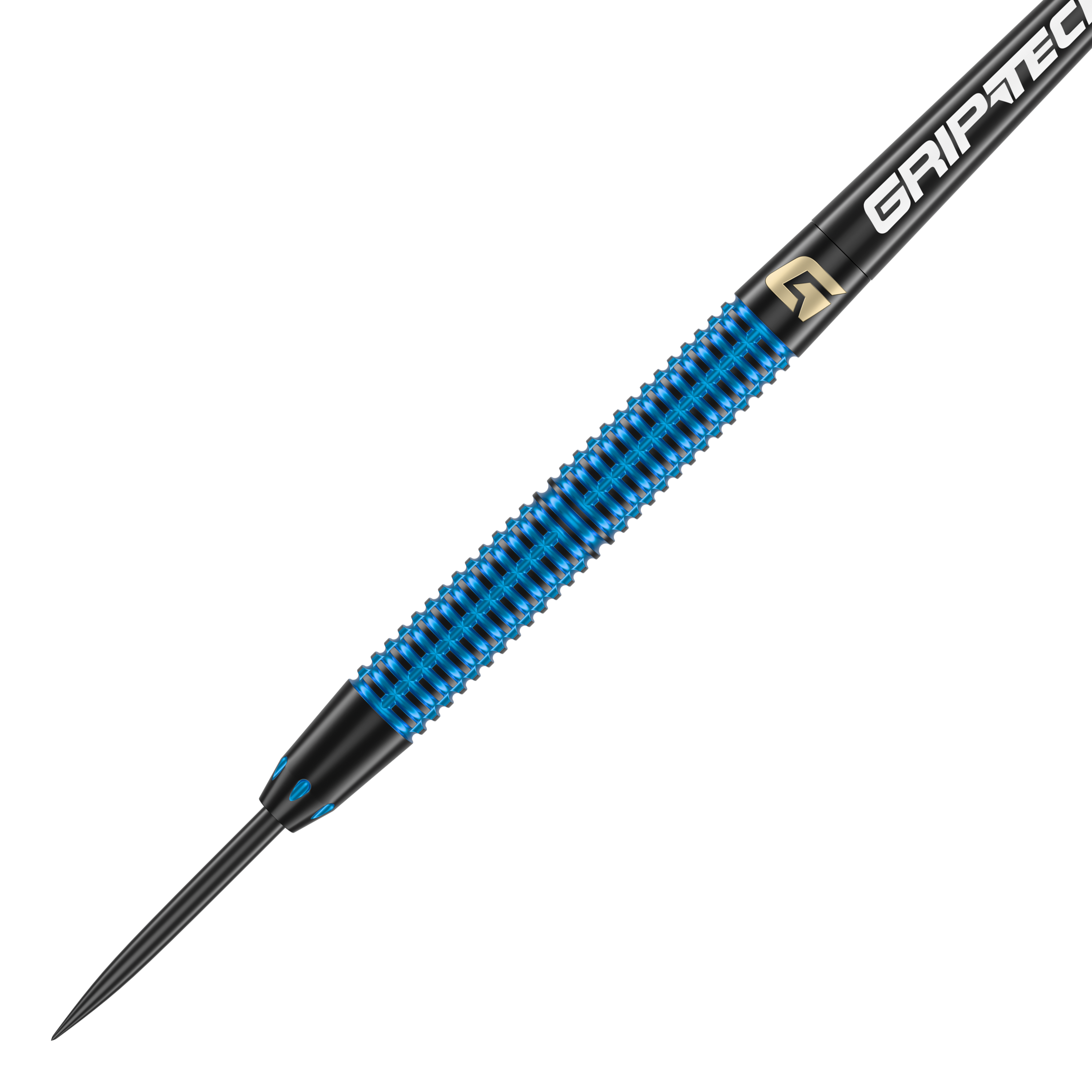 Fléchettes en acier GOAT Athlete en laiton bleu - 12 g Das Bild zeigt einen GOAT Athlete Blue Brass Steeldart mit einem Gewicht von 12g. Der Dart hat eine blaue geriffelte Oberfläche und eine schwarze Spitze.