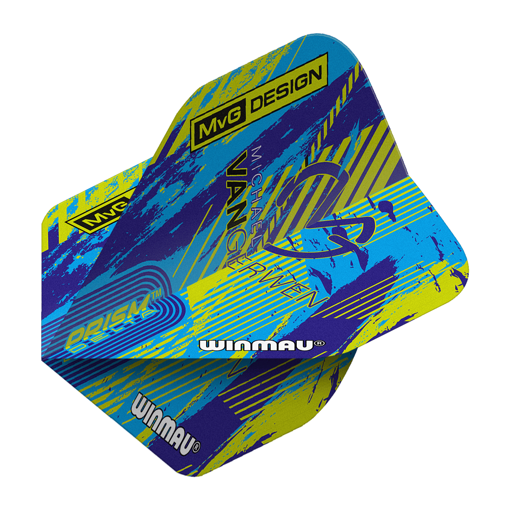 Winmau Delta Michael Van Gerwen Prism 04 Vols standard Das Bild zeigt die Winmau Delta Michael Van Gerwen Prism 04 Standard Flights. Das Design ist bunt mit blauen, gelben und violetten Akzenten sowie dem Schriftzug „MvG DESIGN“ und „Winmau“.