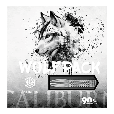 Das Bild zeigt die Verpackung der Caliburn Wolfpack W4 Steeldarts mit einem Wolf-Design. Auf der Verpackung steht, dass die Darts 20g wiegen und aus 90% Tungsten bestehen.