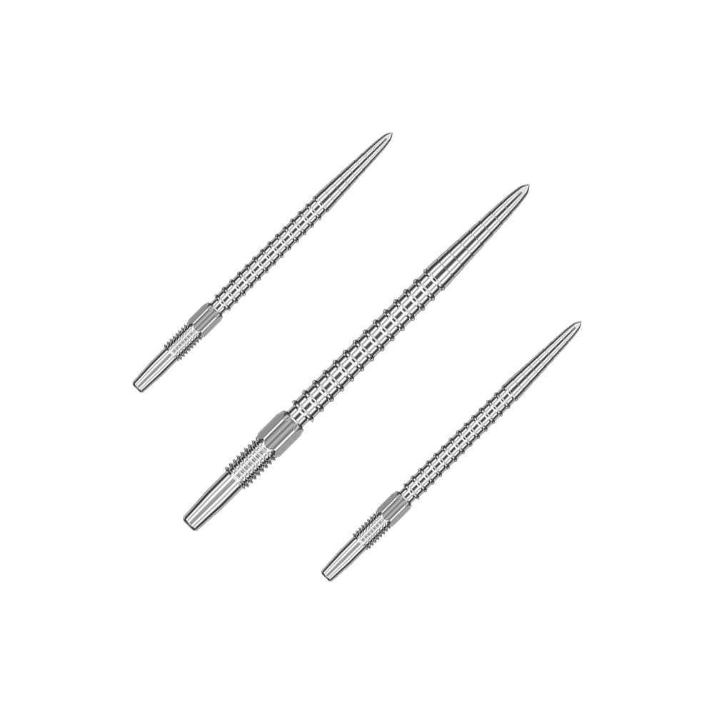 Pointes de fléchettes Target Swiss Point Chrono - Argent Das Bild zeigt drei silberne Dartspitzen, die nebeneinander angeordnet sind. Sie haben ein geriffeltes Muster für besseren Halt.