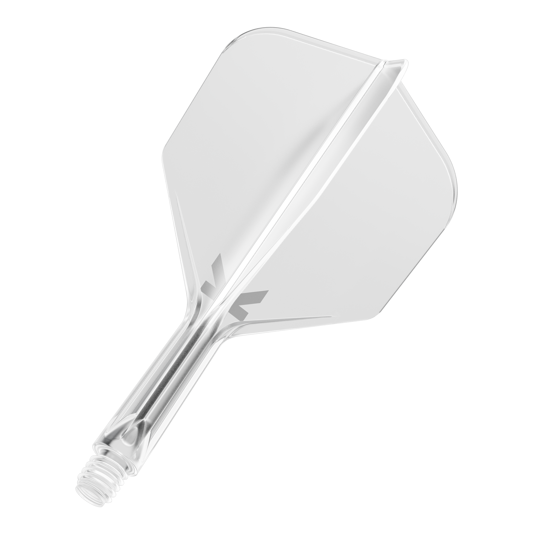 Système de vol Target K-Flex n° 6 - Transparent Das Bild zeigt ein durchsichtiges Dart-Flightsystem mit einem integrierten Schaft. Es ist vor schwarzem Hintergrund abgebildet.