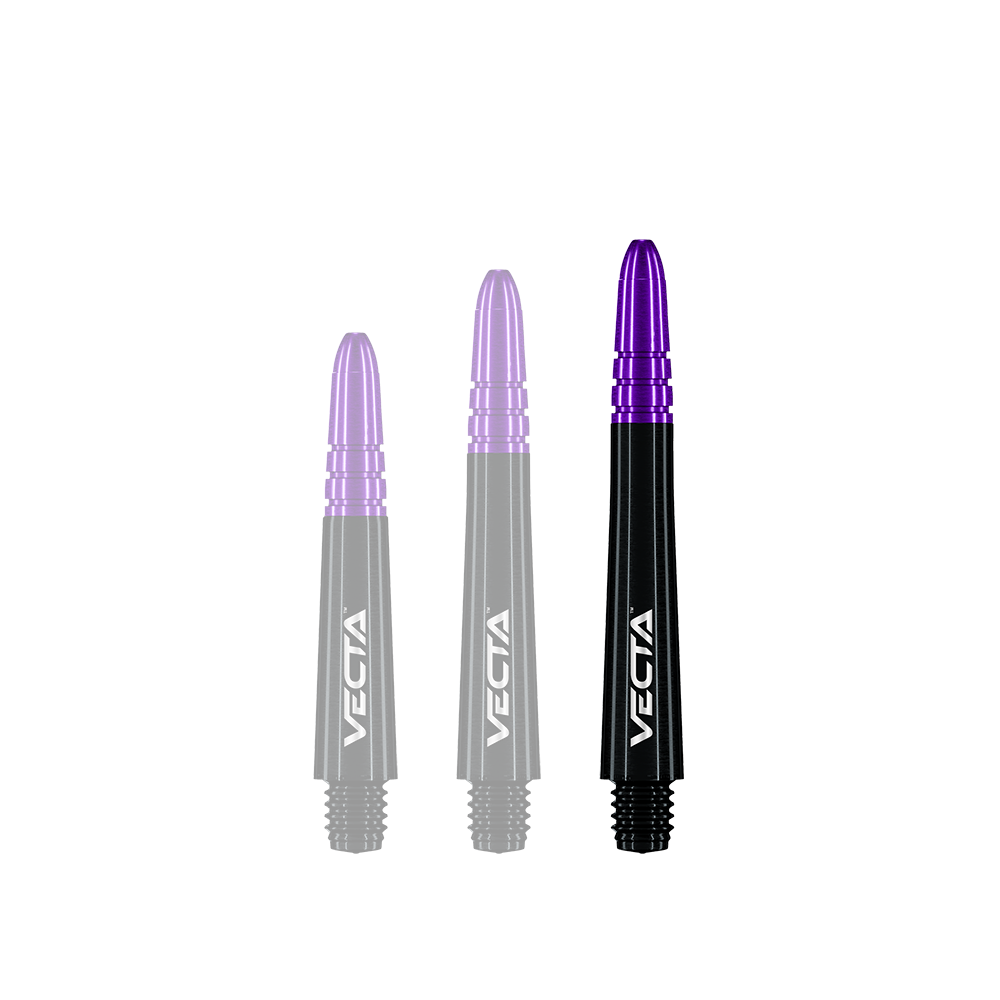 Winmau Vecta Shafts - Schwarz Lila Auf dem Bild sind drei Dartschäfte in unterschiedlichen Längen zu sehen. Sie sind schwarz mit violetten Spitzen und tragen die Aufschrift "VECTA".