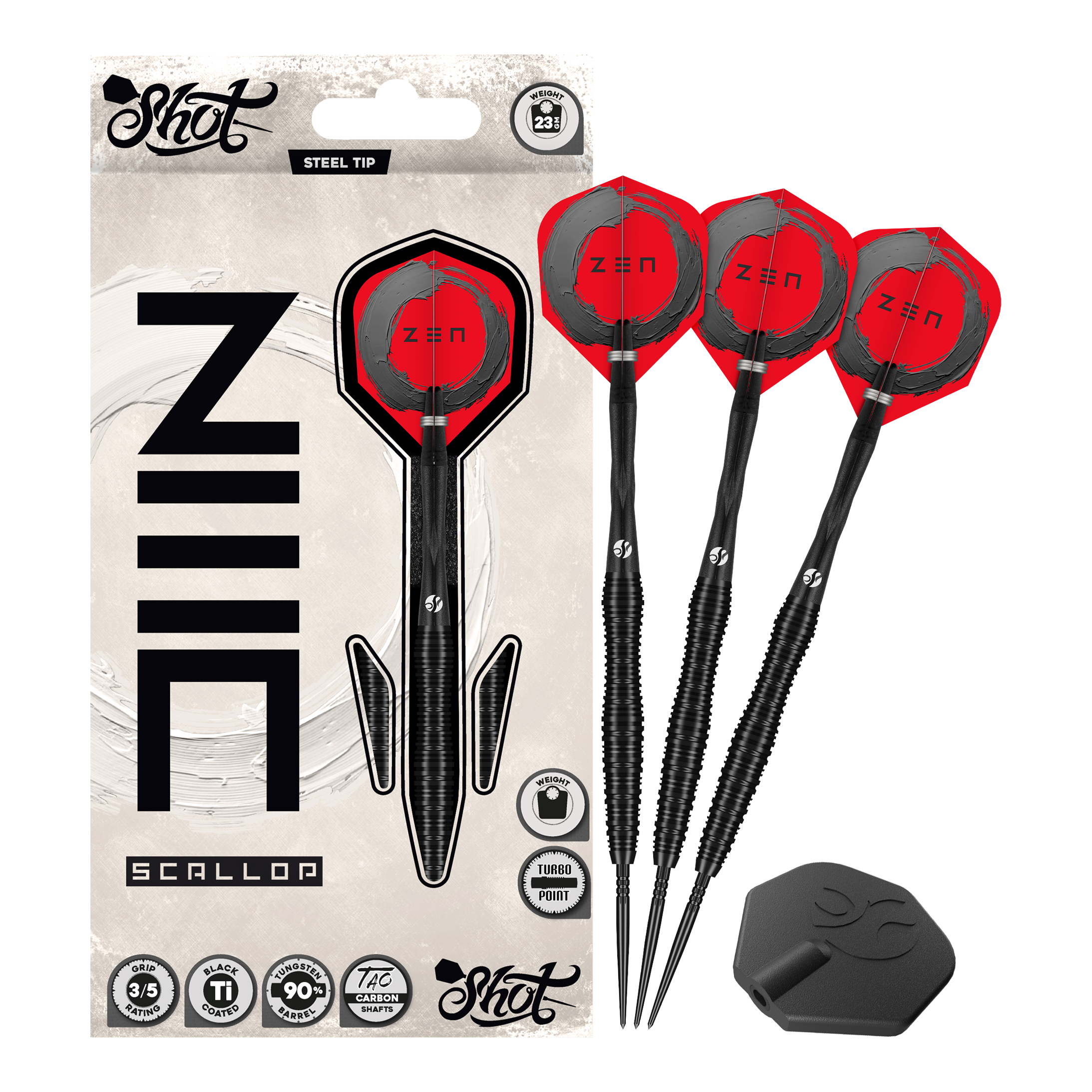 Fléchettes en acier Shot ZEN Scallop Turbo Point - 23 g Das Foto präsentiert die Shot ZEN Scallop Turbo Point Steeldarts - 23g in Gesamtansicht. Sie verbinden modernes Design mit hoher Treffsicherheit.