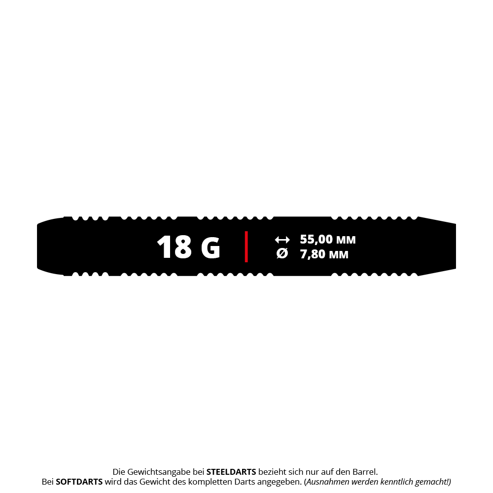 Fléchettes souples en laiton Target Josh Rock - 18 g Das Bild zeigt einen Target Josh Rock Brass Softdart mit einem Gewicht von 18 Gramm. Die Länge beträgt 55,00 mm und der Durchmesser 7,80 mm.