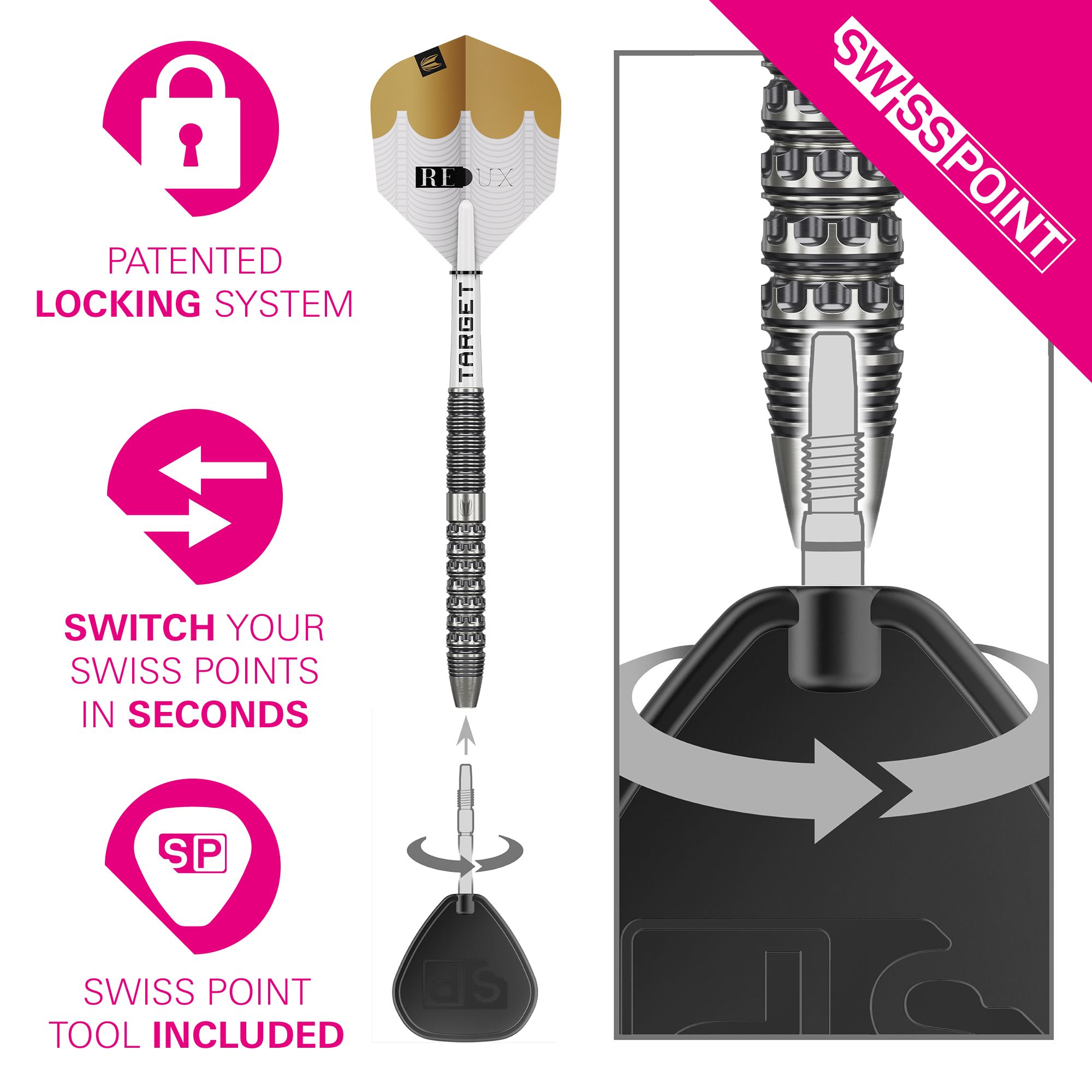Fléchettes en acier Target Redux 01 Swiss Point Diese Abbildung zeigt die Target Redux 01 Swiss Point Steeldarts. Es handelt sich um hochwertige Steeldarts für Dartspieler.
